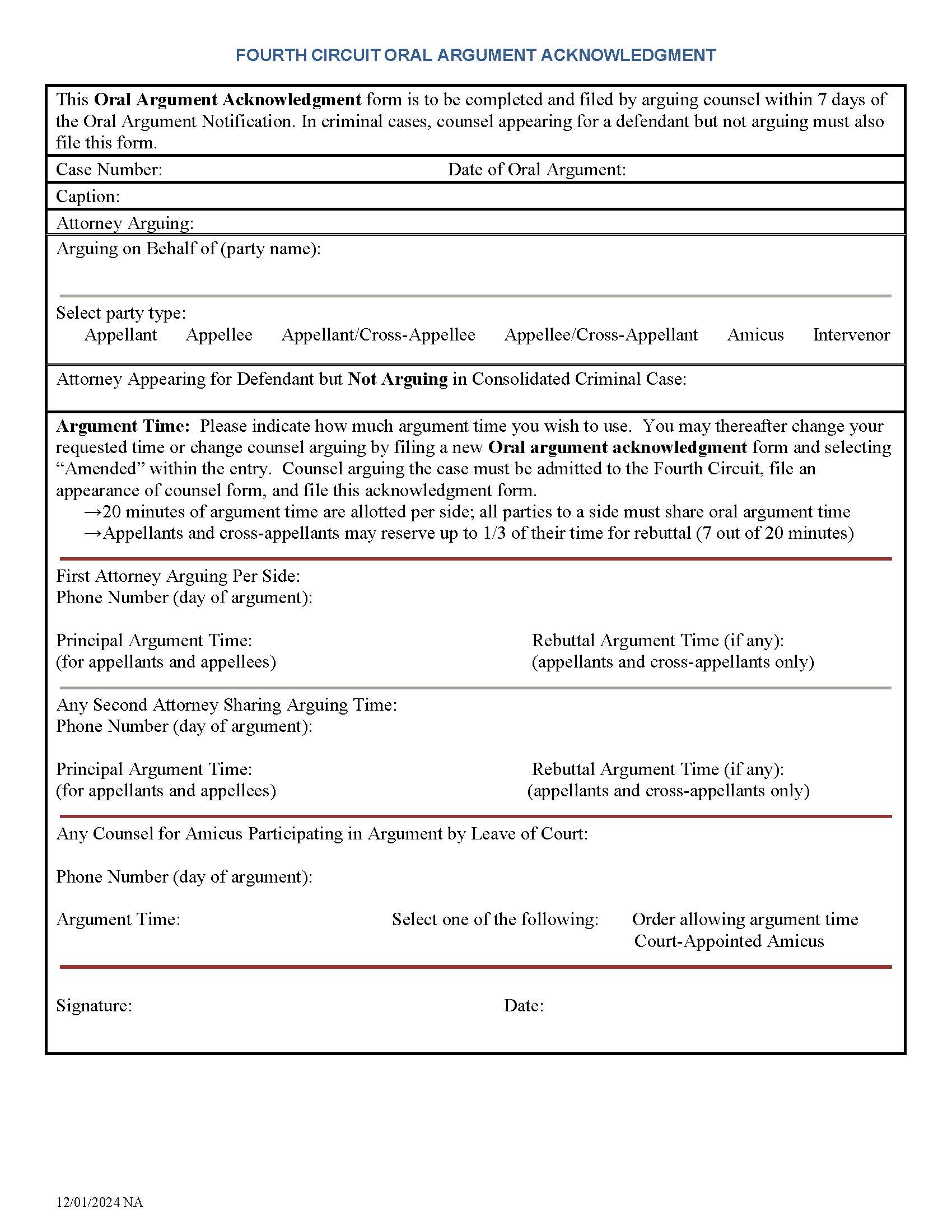 Oral Argument Acknowledgment (Fourth Circuit COA) | Pdf Fpdf Docx | Official Federal Forms