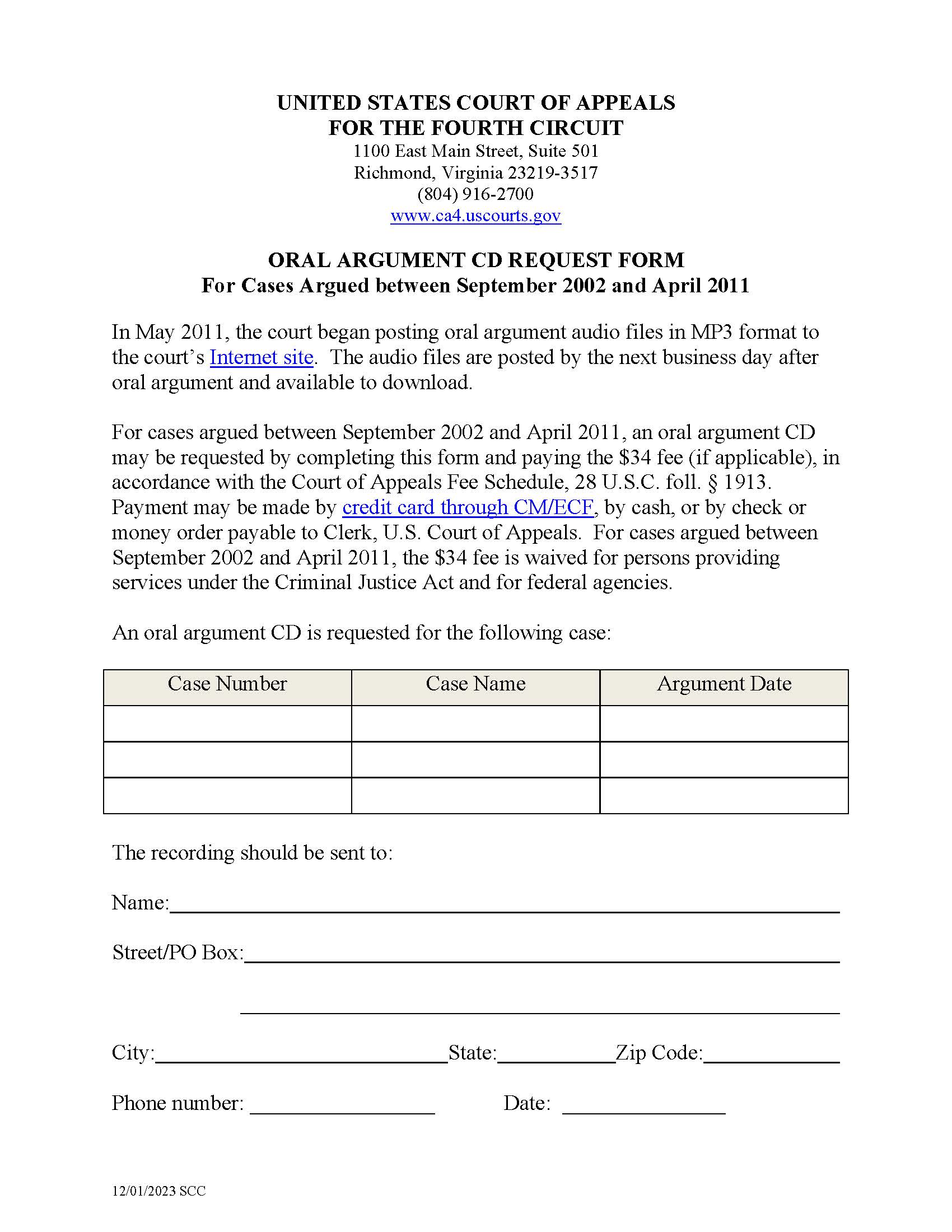 Oral Argument CD Request Form | Pdf Fpdf Doc Docx | Official Federal Forms