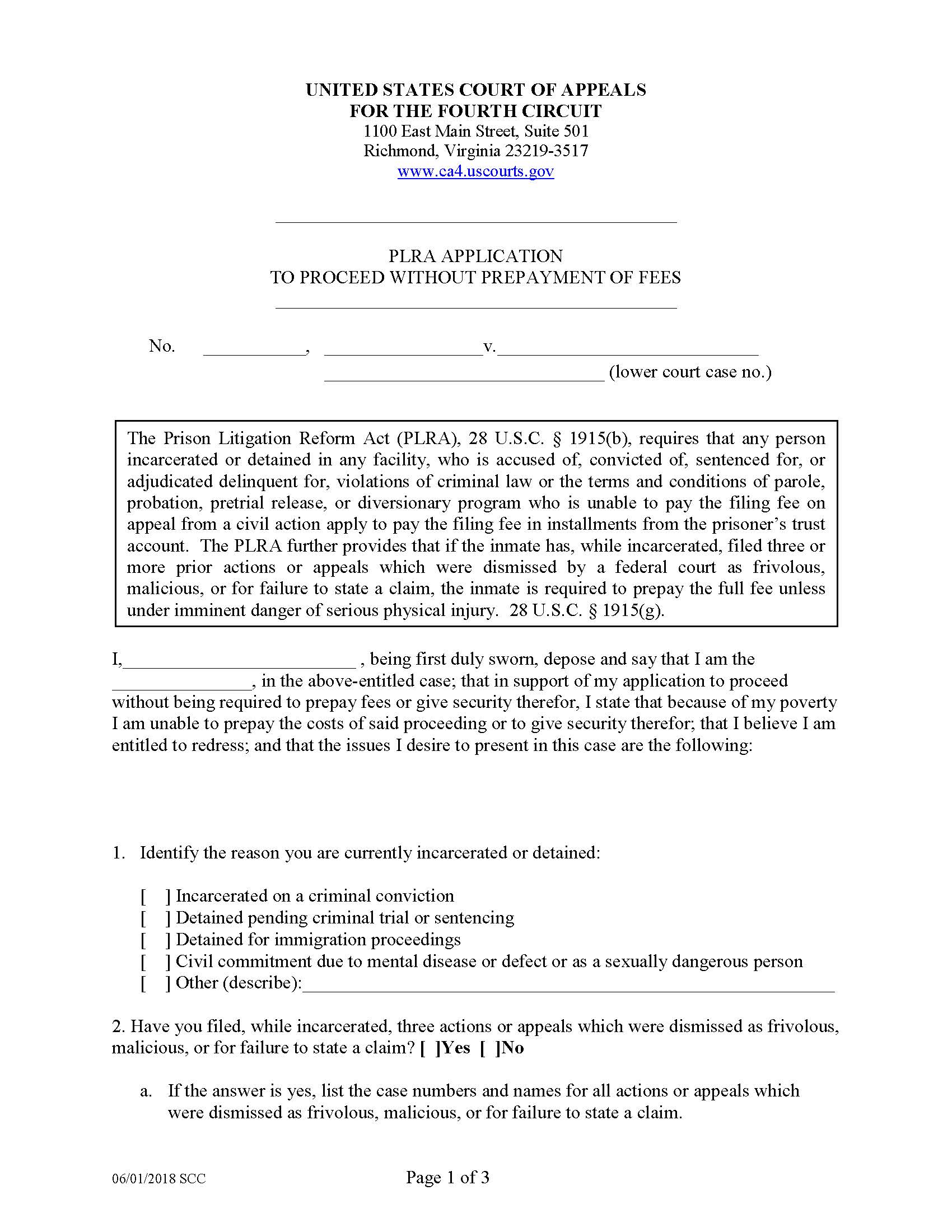 PLRA Application | Pdf Fpdf Docx | Official Federal Forms