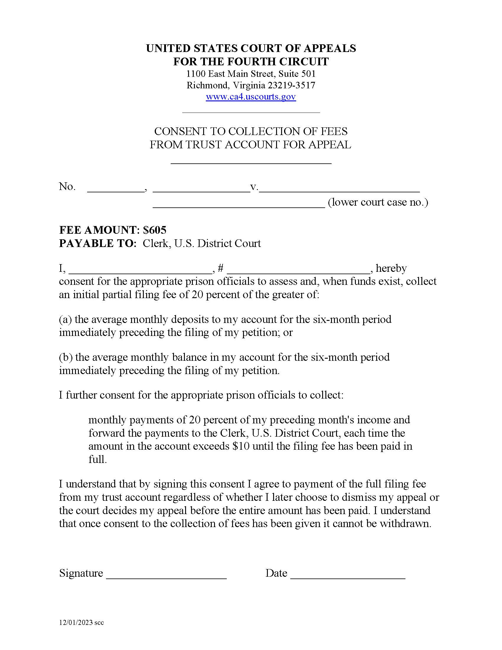Prison Litigation Reform Act Consent To Collection Of Fees (For Appeal) | Pdf Fpdf Doc Docx | Official Federal Forms