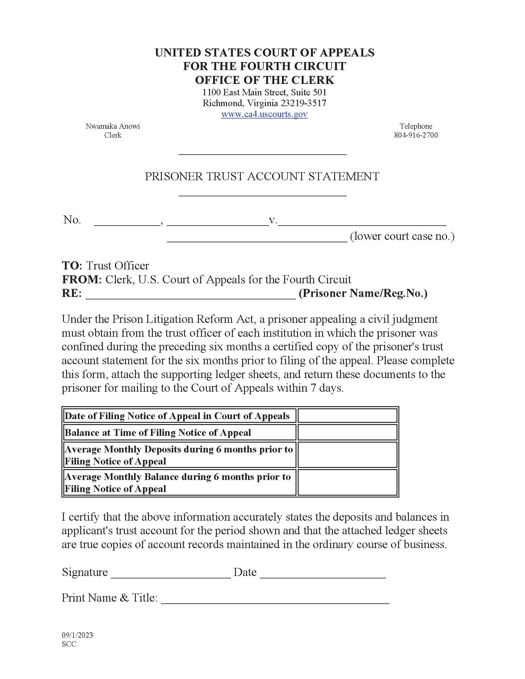 Prisoner Trust Account Statement | Pdf Fpdf Doc Docx | Official Federal Forms