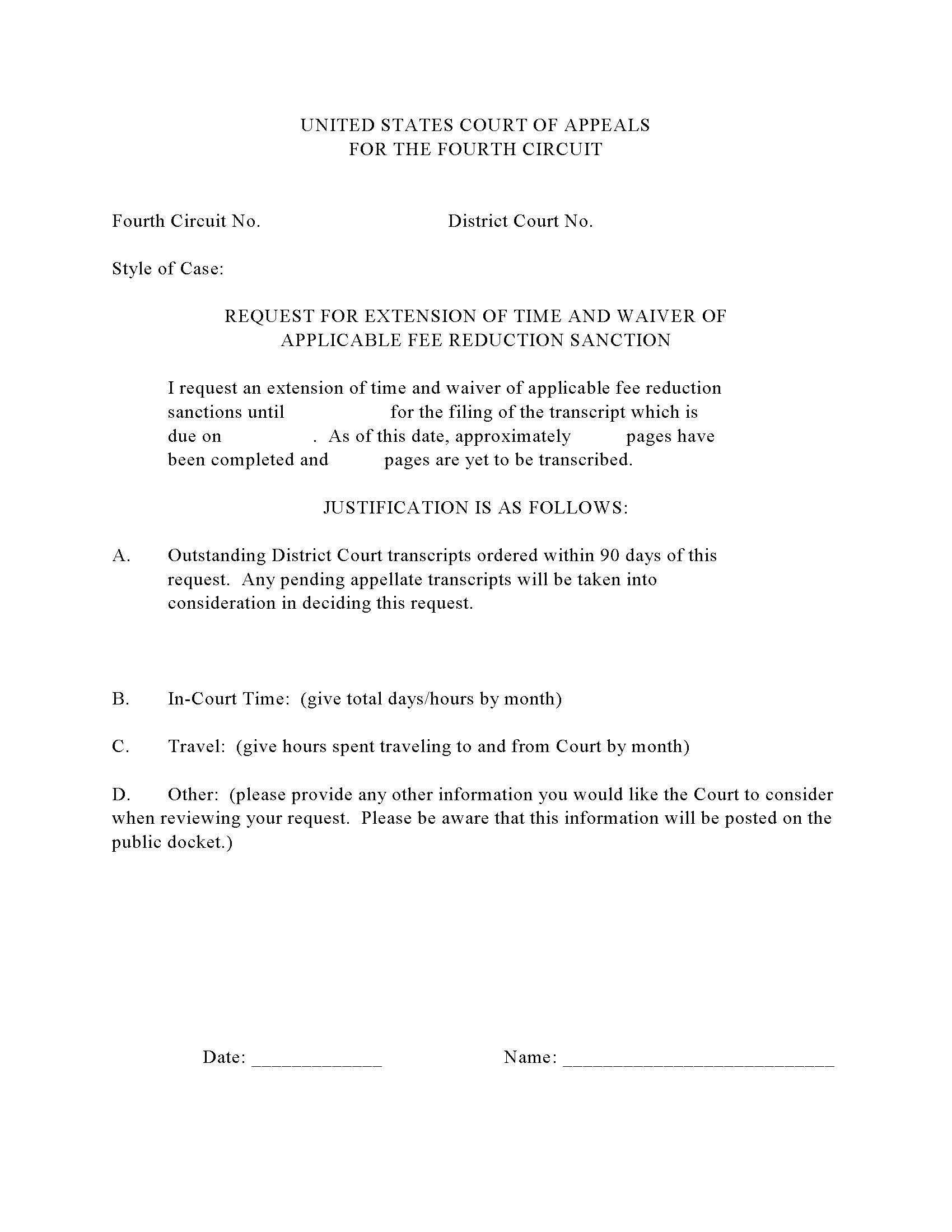 Request For Extension Of Time And Waiver Of Applicable Fee Reduction Sanction (Transcript Extension) | Pdf Fpdf Doc Docx | Official Federal Forms