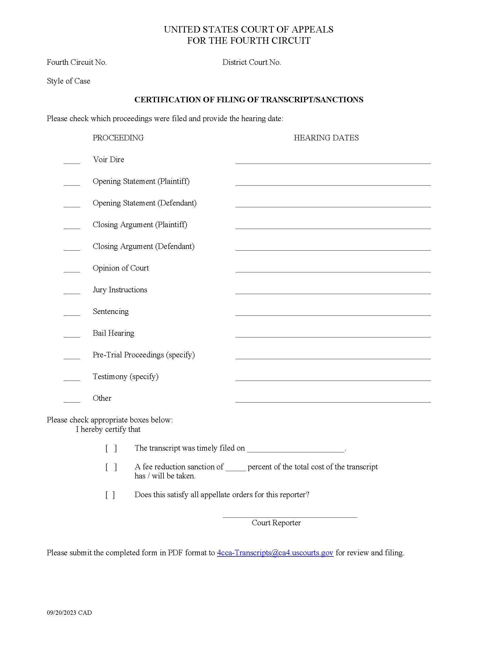 Transcript Certification Of Filing-Sanction | Pdf Fpdf Doc Docx | Official Federal Forms