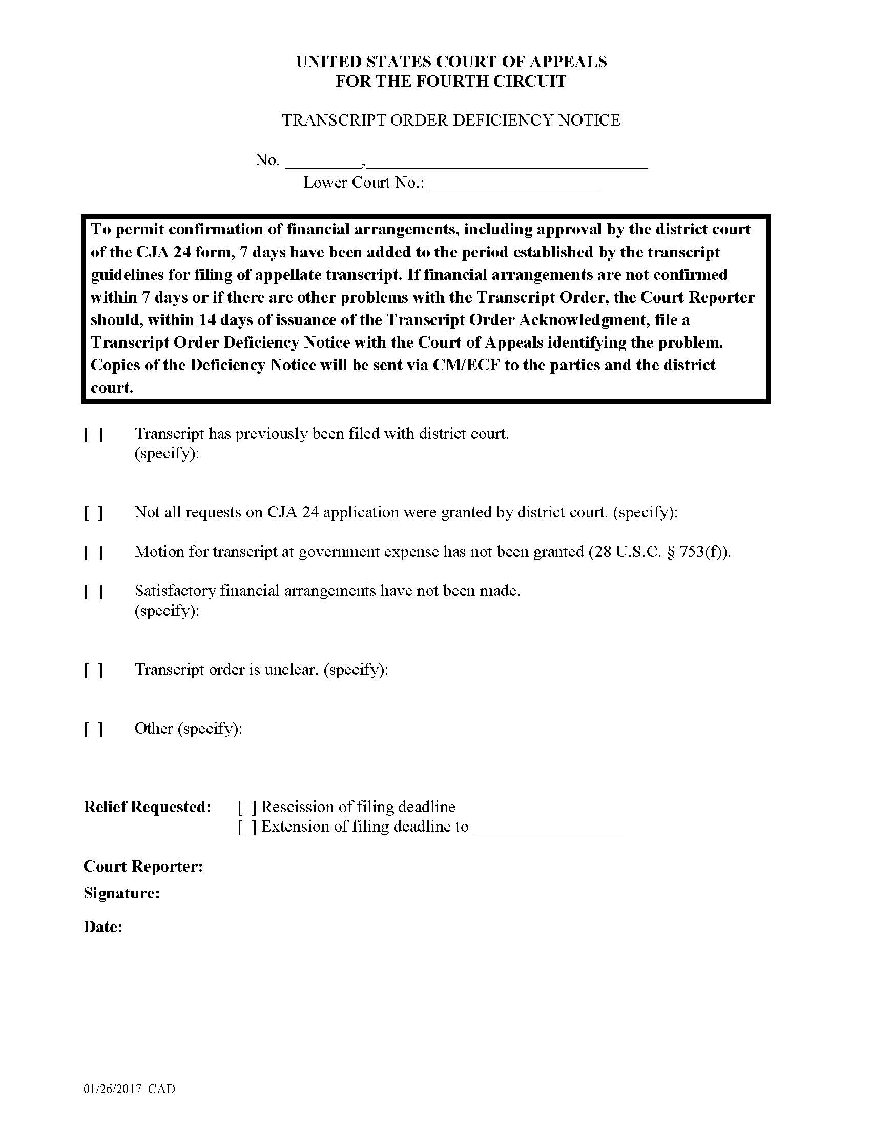 Transcript Order Deficiency Notice | Pdf Fpdf Doc Docx | Official Federal Forms