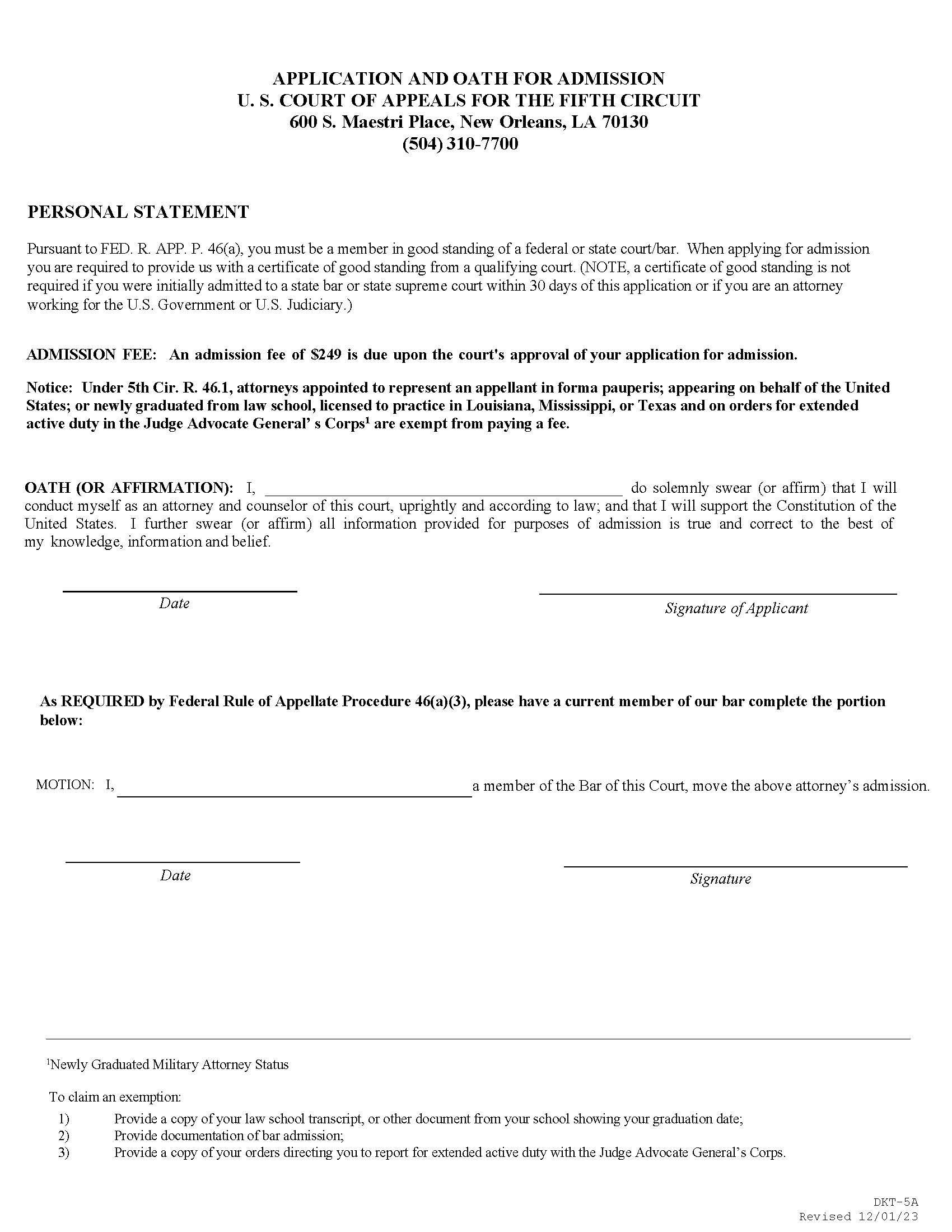 Application And Oath For New Admissions (Fifth Circuit COA) {DKT-5A} | Pdf Fpdf Docx | Official Federal Forms