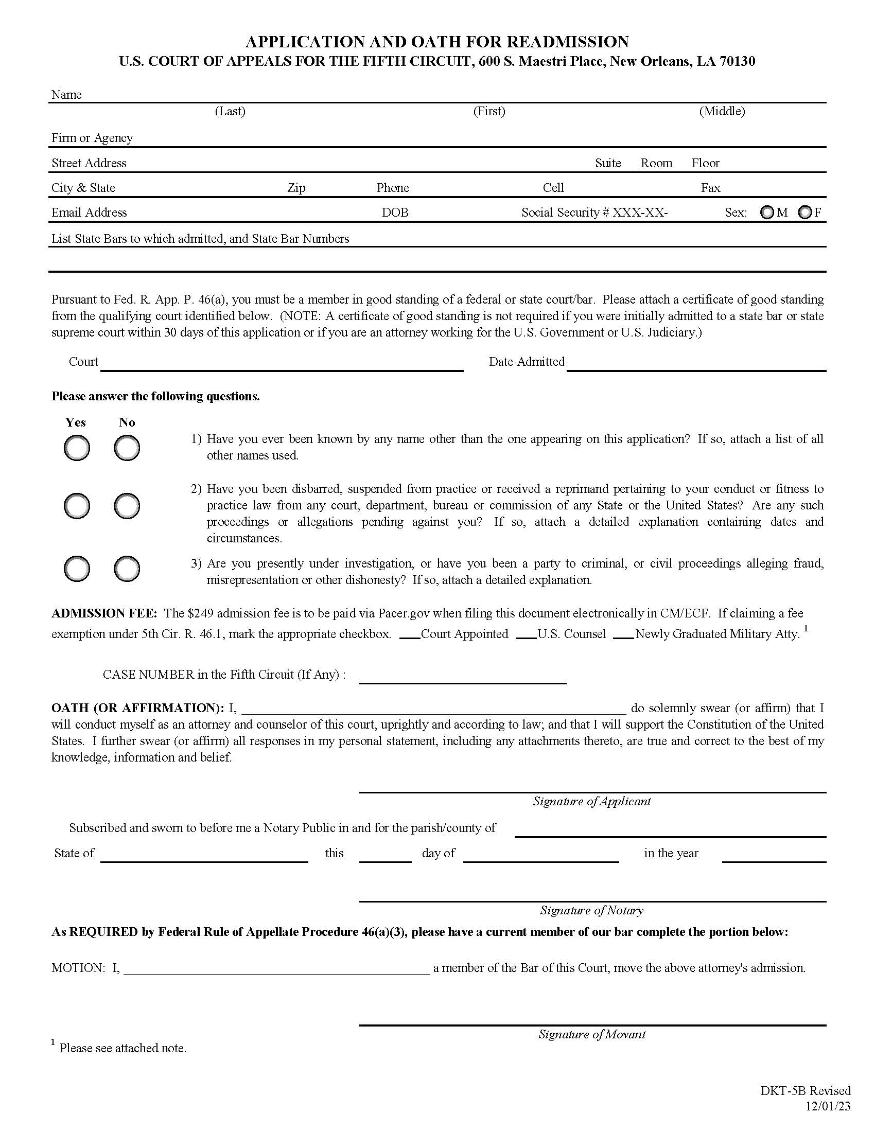 Application And Oath For Readmission {DKT-5B} | Pdf Fpdf Doc Docx | Official Federal Forms