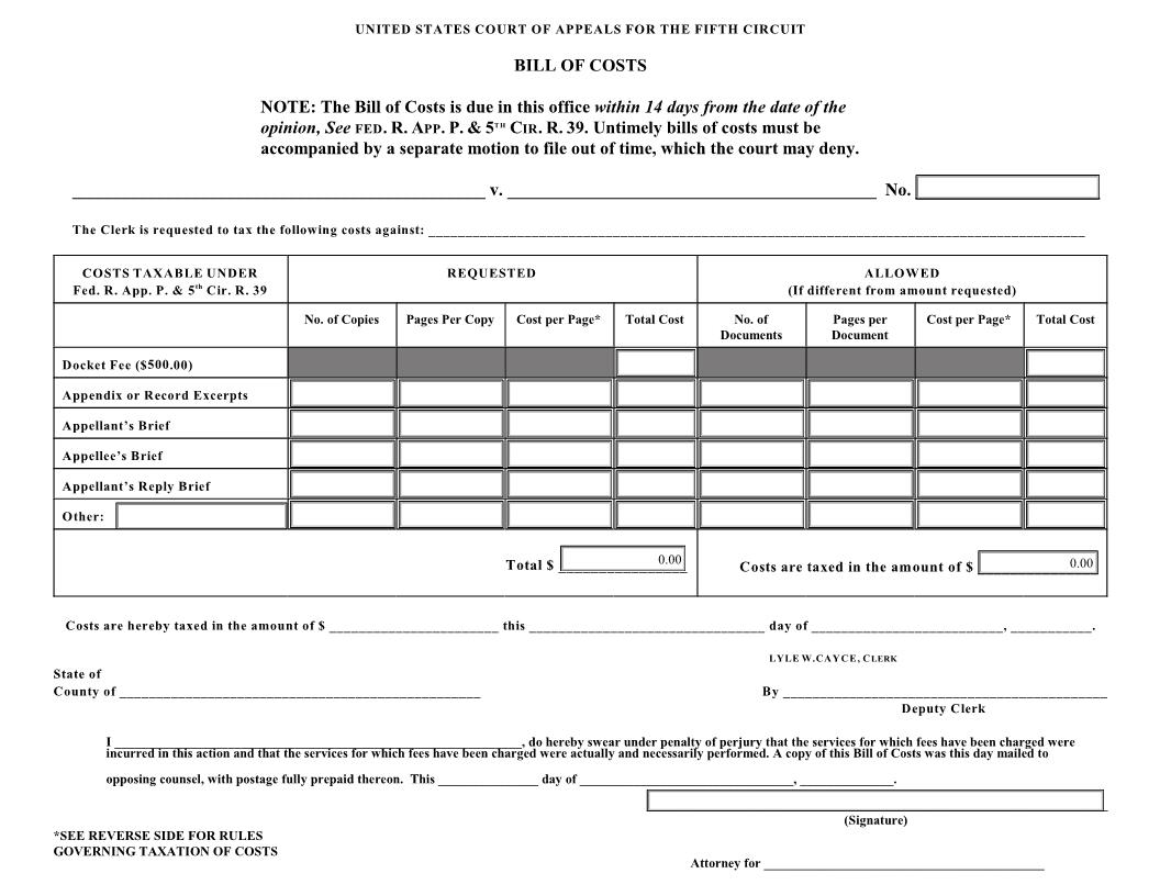 Bill Of Costs (US COA 5th Circuit) | Pdf Fpdf Docx | Official Federal Forms