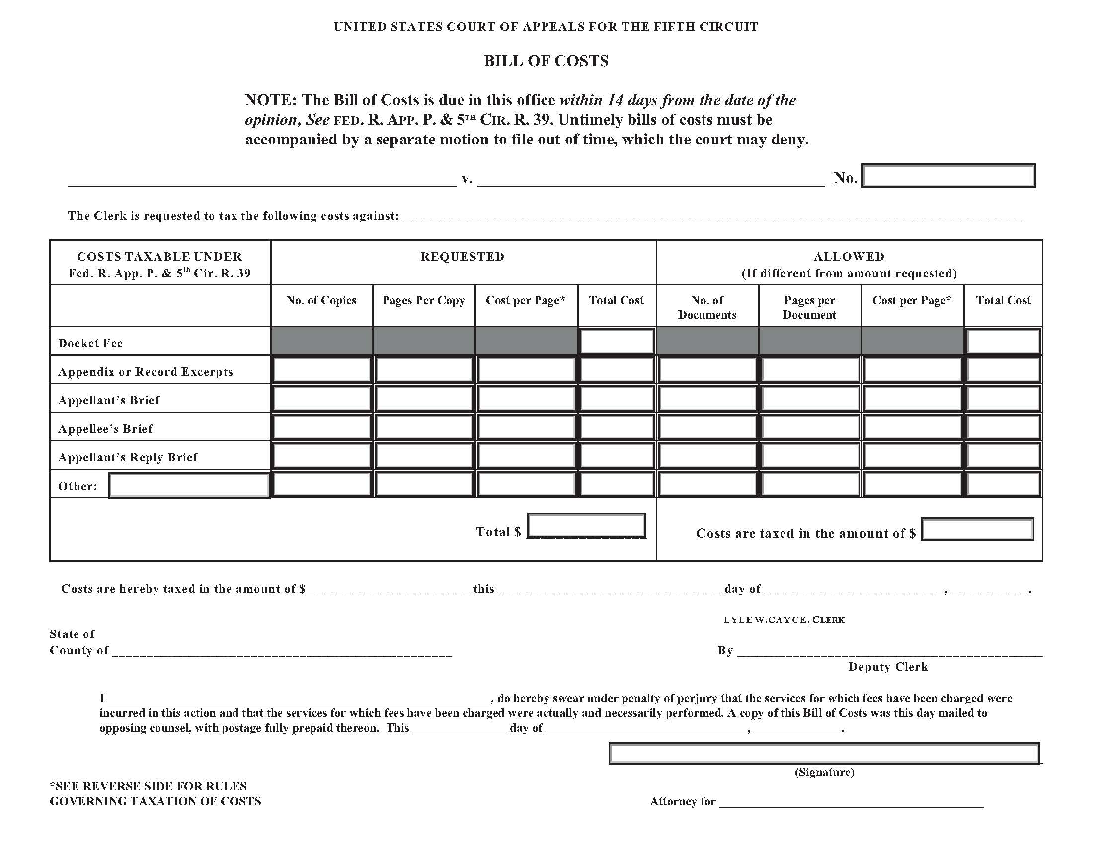 Bill Of Costs (US COA 5th Circuit) | Pdf Fpdf Docx | Official Federal Forms