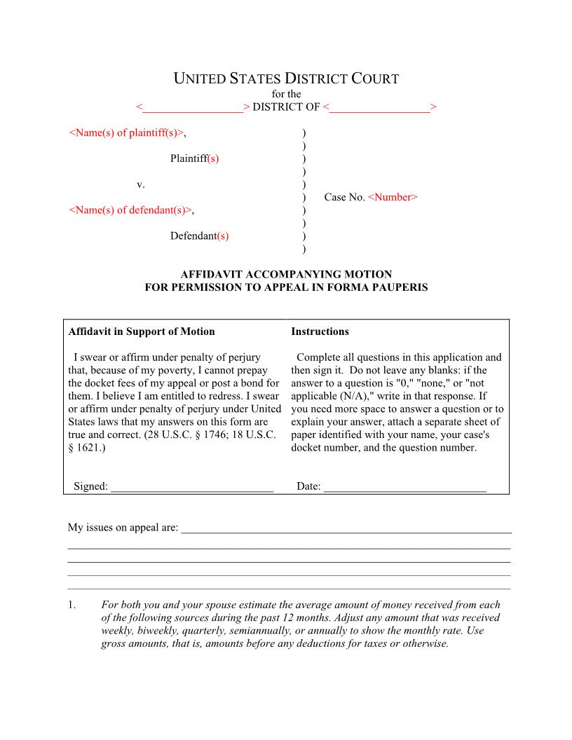 Financial Affidavit Pro Se (Form 4 Affidavit Accompanying Motion) {4} | Pdf Fpdf Docx | Official Federal Forms