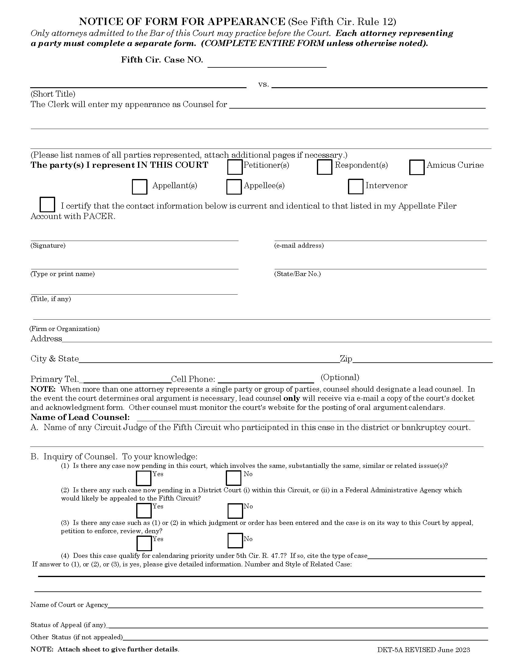 Form For Appearance Of Counsel {DKT-5A} | Pdf Fpdf Doc Docx | Official Federal Forms