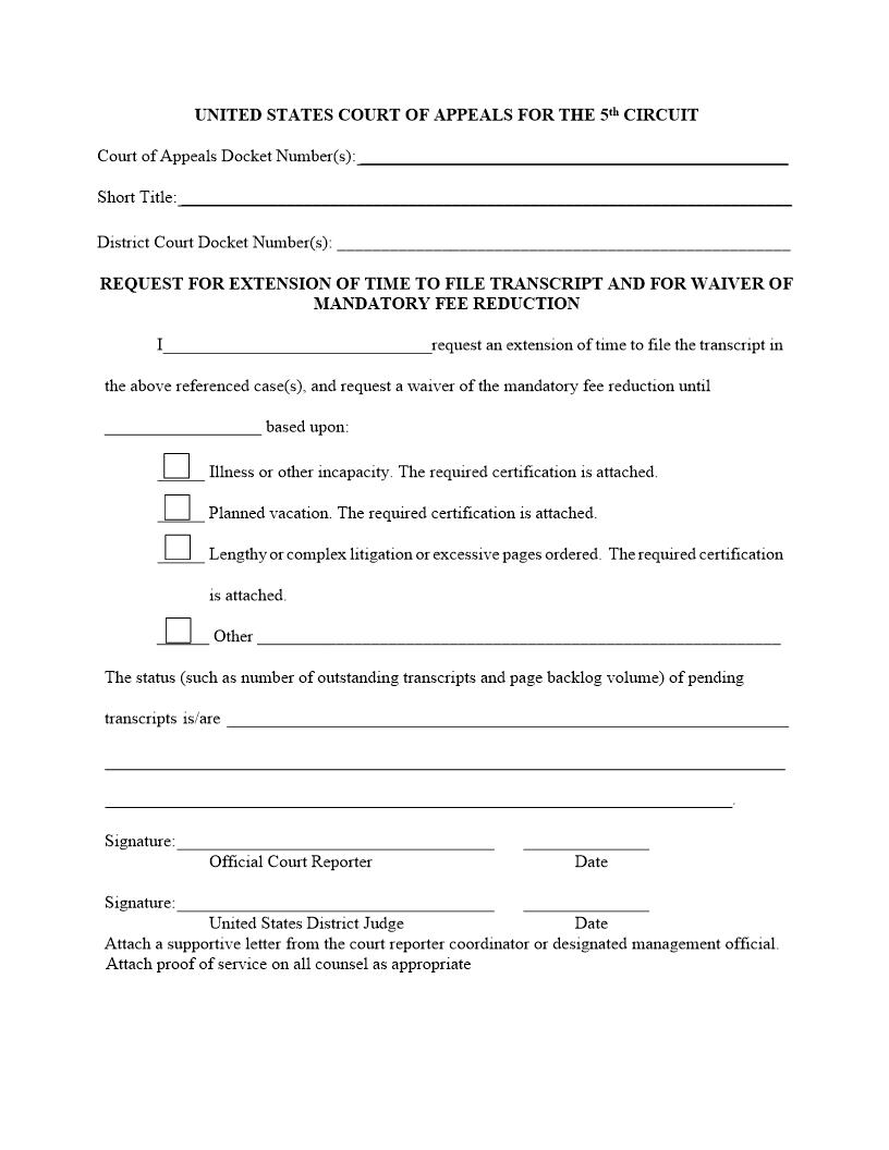Request For Extension Of Time To File Transcript And For Waiver | Pdf Fpdf Docx | Official Federal Forms