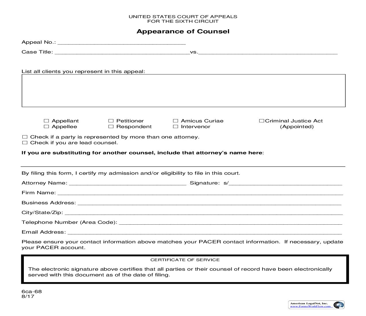 Appearance Of Counsel {6CA-68} | Pdf Fpdf Doc Docx | Official Federal Forms