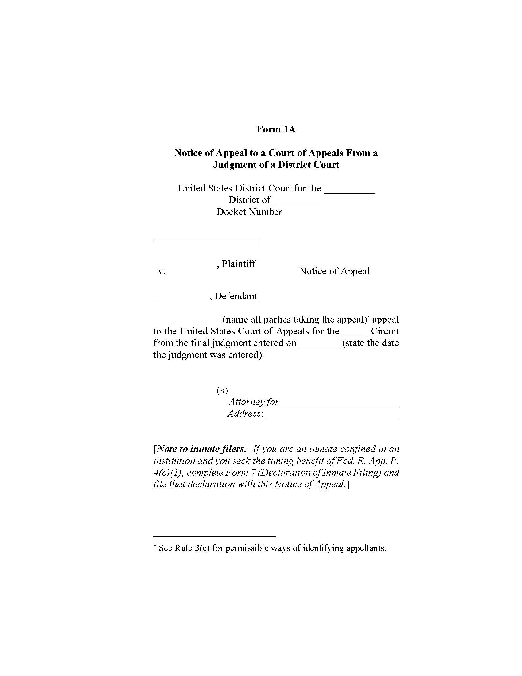 Appellate Form 1A Notice Of Appeal-COA-Judgment Of A District Court {1A} | Pdf Fpdf Docx | Official Federal Forms