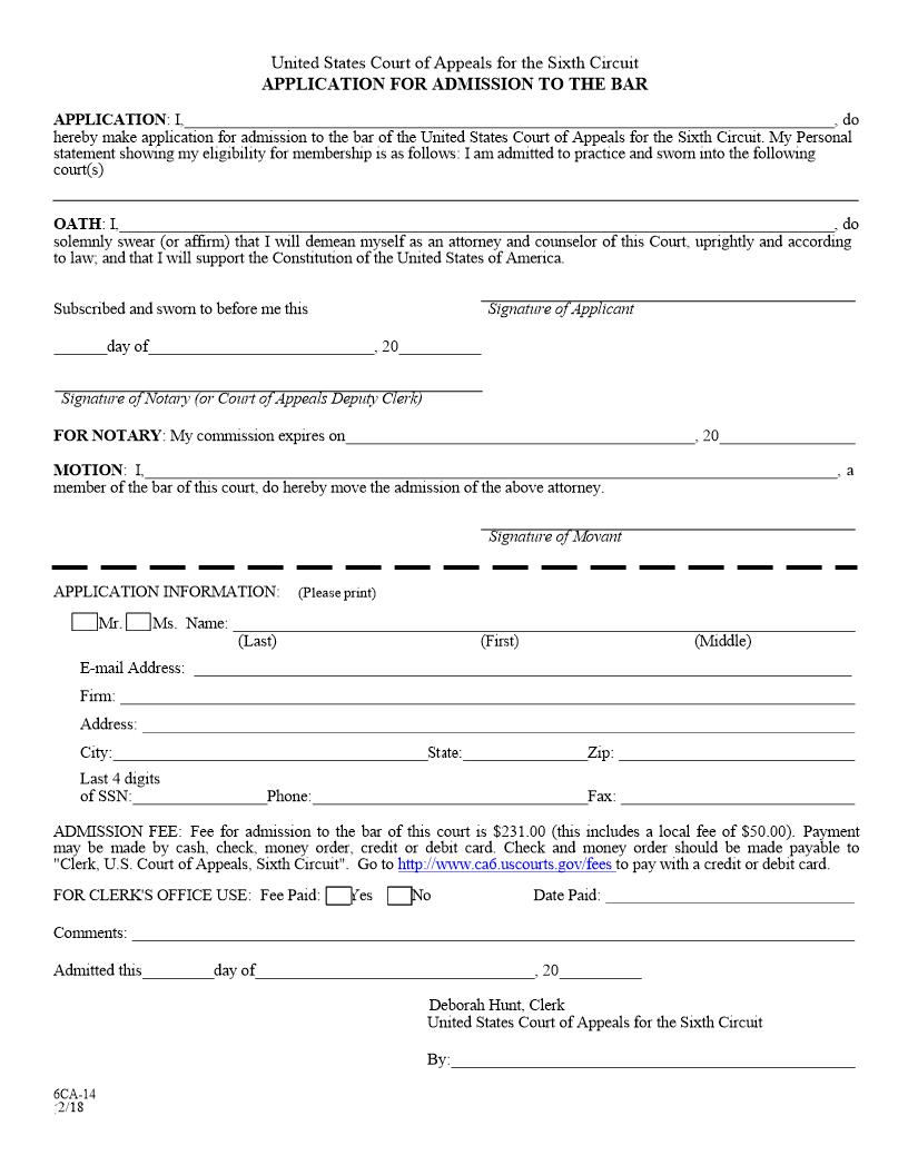 Application For Admission To The Bar (Sixth Circuit COA) {6CA-14} | Pdf Fpdf Doc Docx | Official Federal Forms