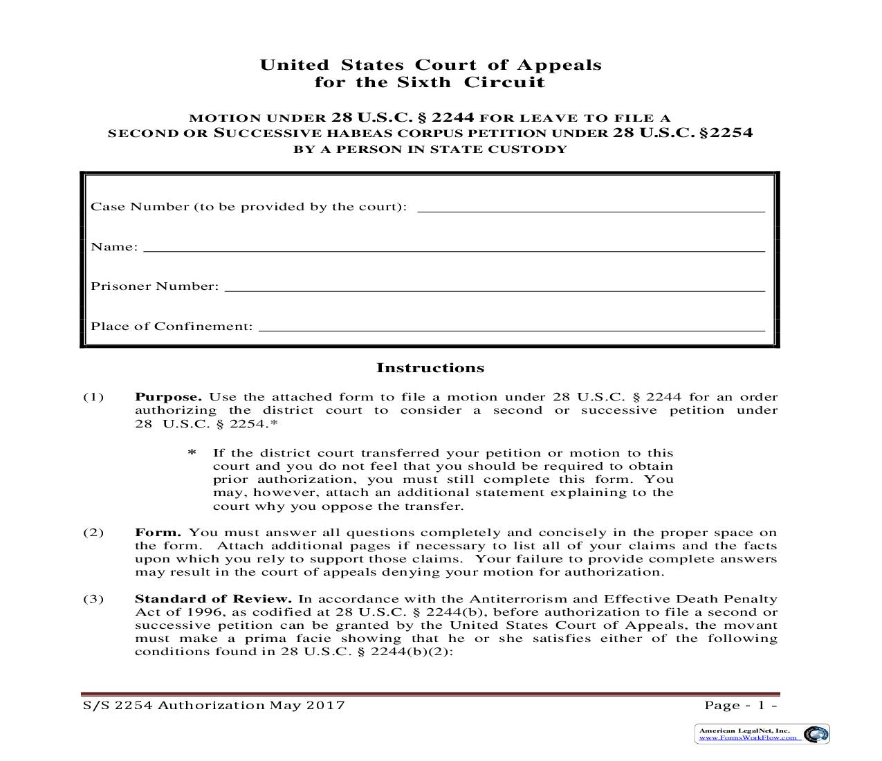 Application For Second Or Successive Petition Under 28 USC 2254 | Pdf Fpdf Doc Docx | Official Federal Forms
