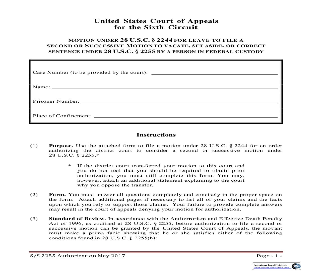Application For Second Or Successive Petition Under 28 USC 2255 | Pdf Fpdf Doc Docx | Official Federal Forms