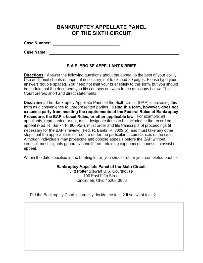 BAP Pro Se Appellants Brief (Bankruptcy Appellate Panel) | Pdf Fpdf Doc Docx | Official Federal Forms