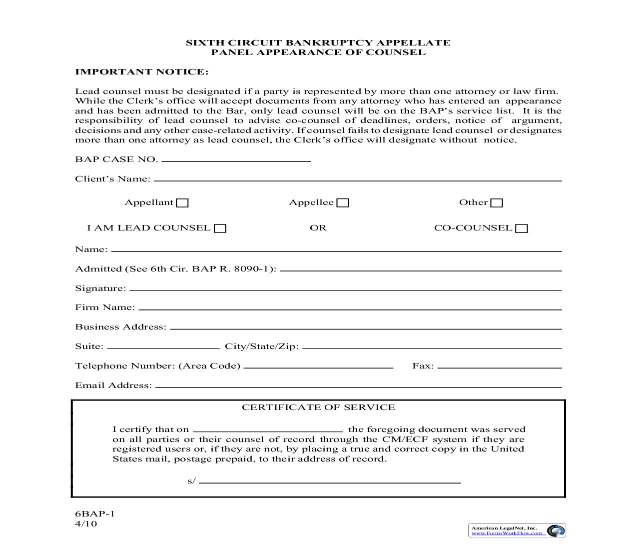 Bankruptcy Appellate Panel Appearance Of Counsel {6BAP-1} | Pdf Fpdf Doc Docx | Official Federal Forms