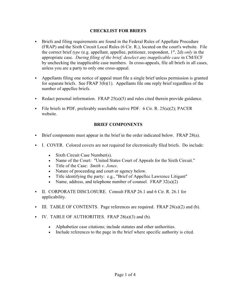 Checklist For Briefs | Pdf Fpdf Doc Docx | Official Federal Forms