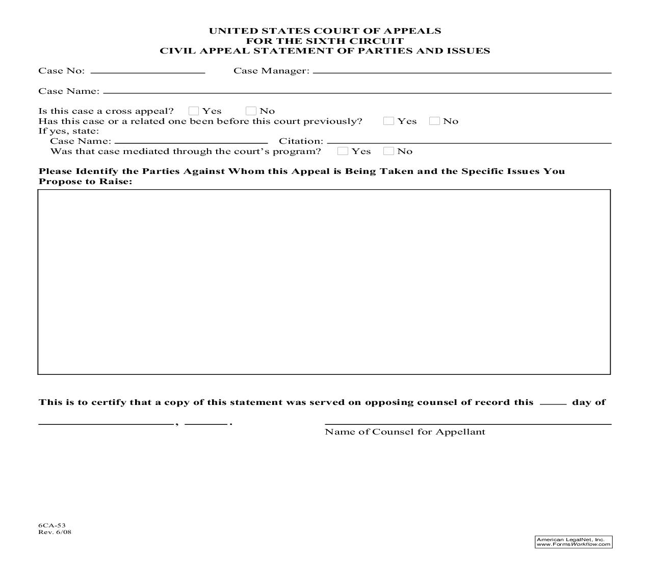 Civil Appeal Statement Of Parties And Issues {6CA-53} | Pdf Fpdf Doc Docx | Official Federal Forms