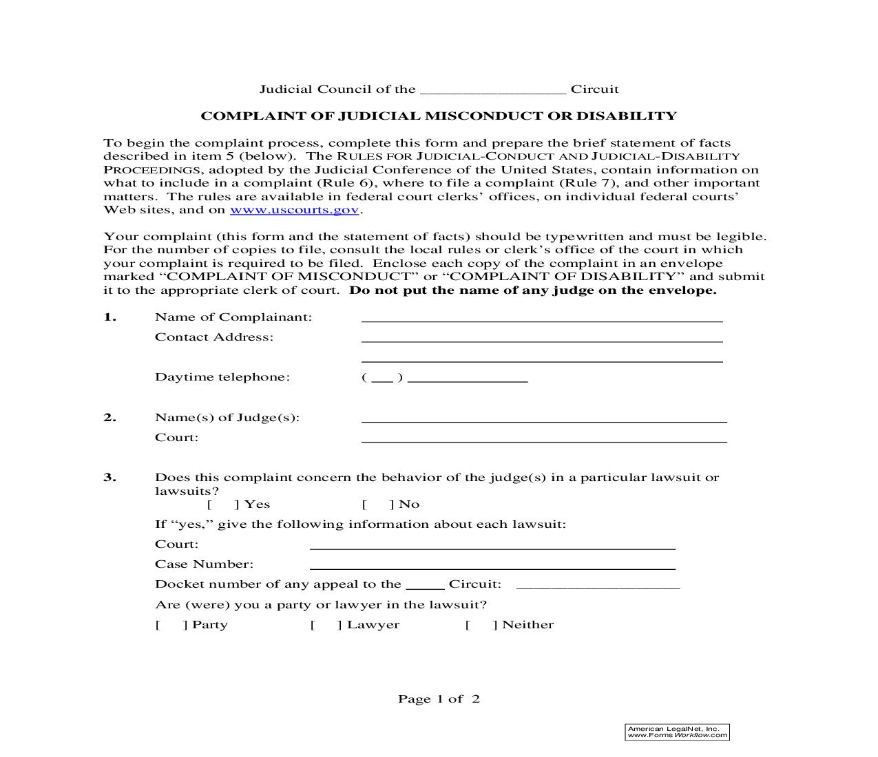 Complaint Of Judicial Misconduct Or Disability (6CA) | Pdf Fpdf Doc Docx | Official Federal Forms