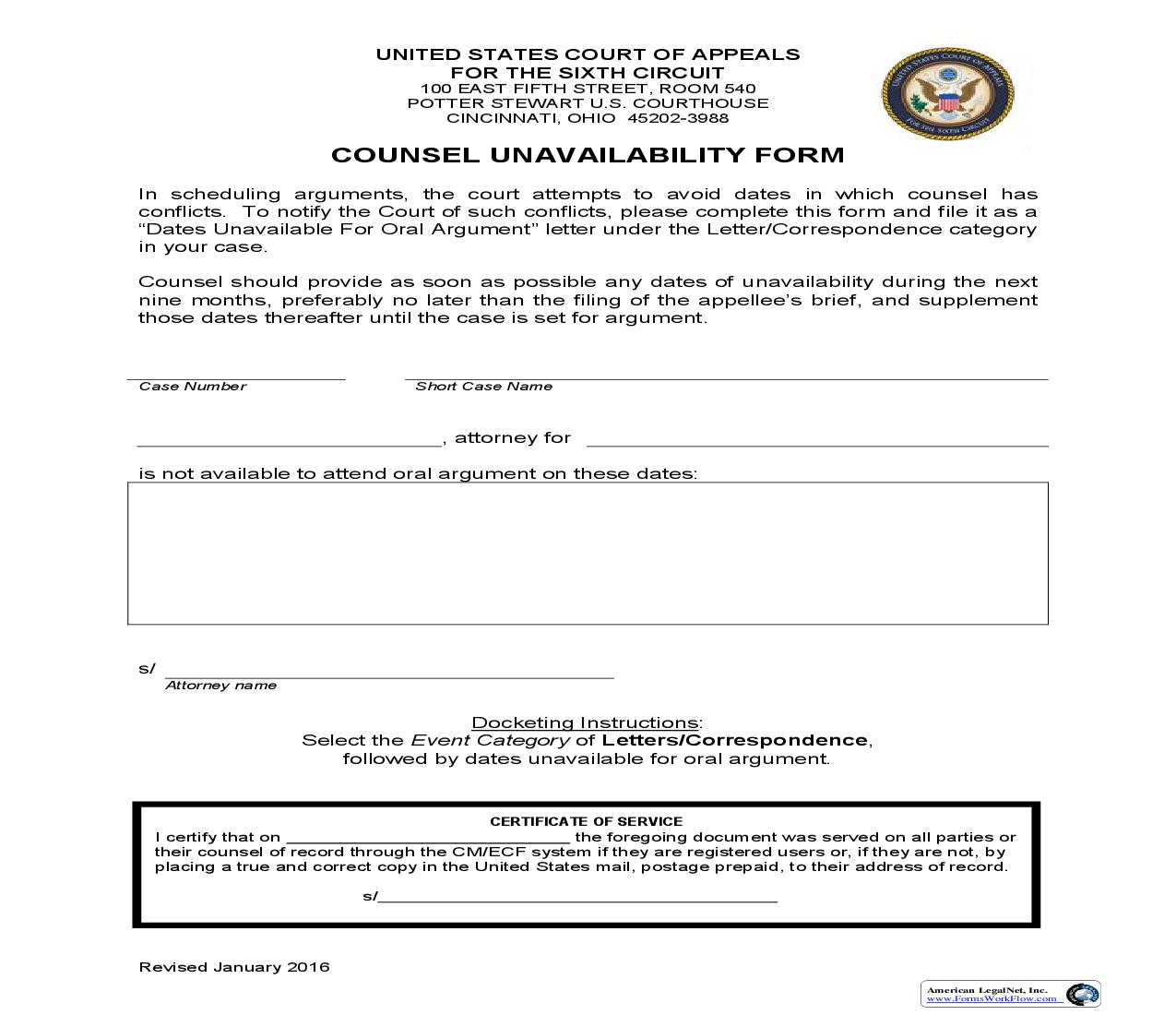 Counsel Unavailability Form | Pdf Fpdf Doc Docx | Official Federal Forms