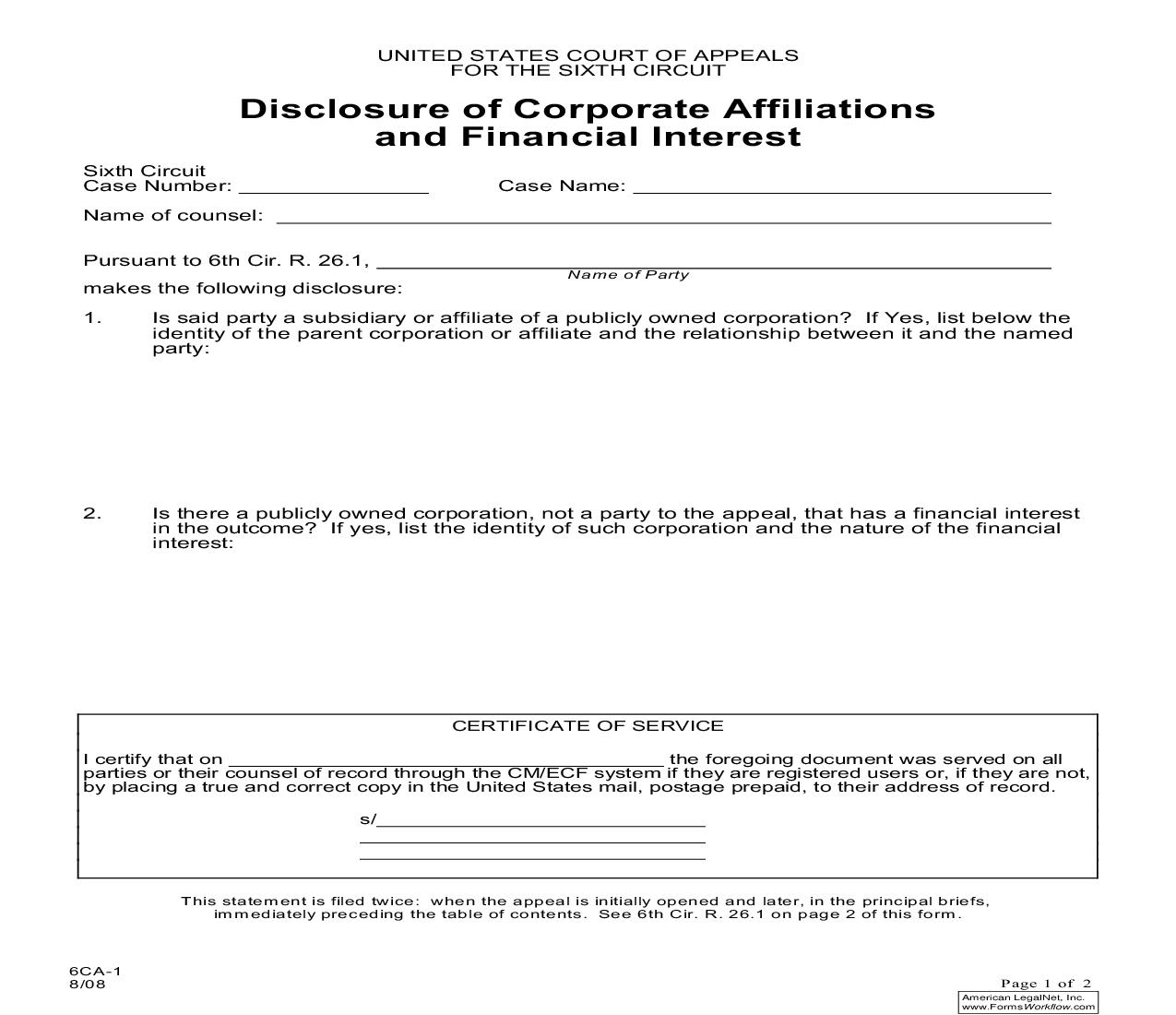 Disclosure Of Corporate Affiliations And Financial Interest {6CA-1} | Pdf Fpdf Doc Docx | Official Federal Forms