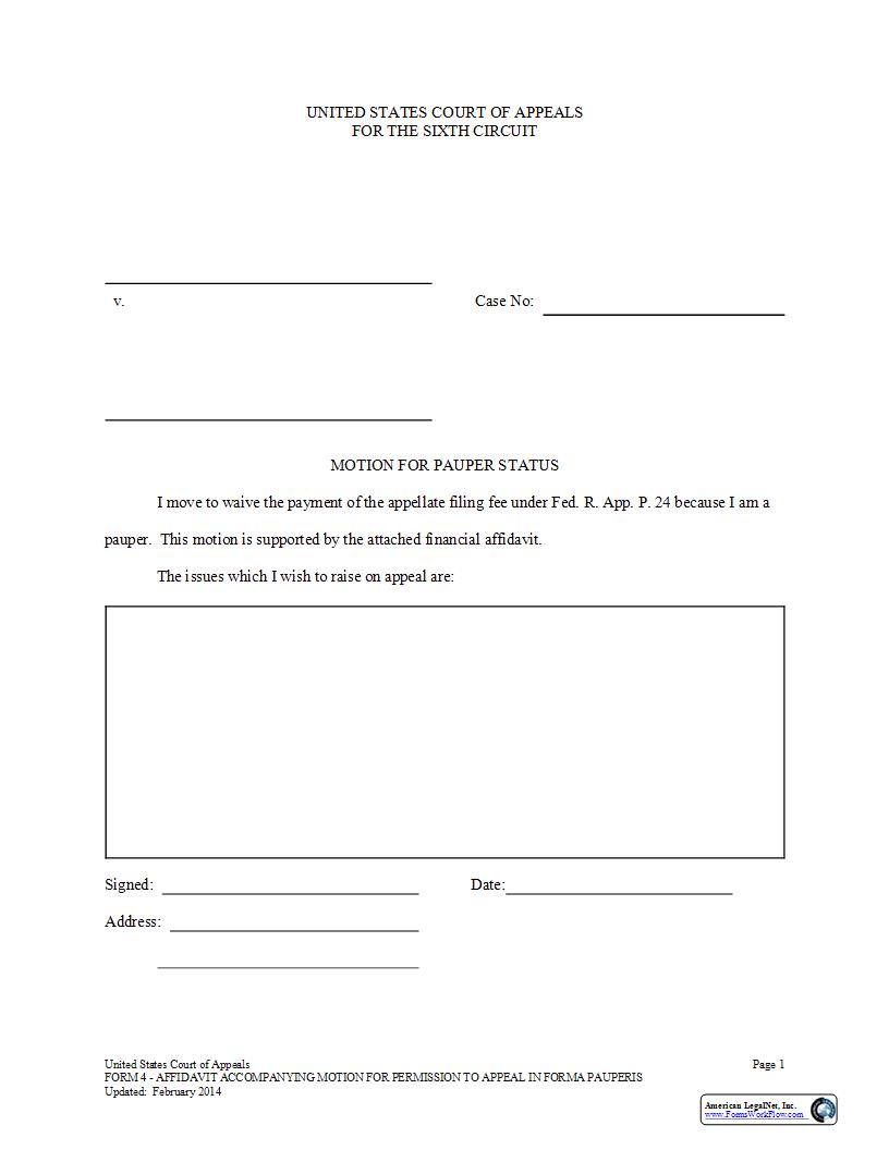 Form 4 Motion-Financial Affidavit (For All Non-CJA Cases) {4} | Pdf Fpdf Docx | Official Federal Forms