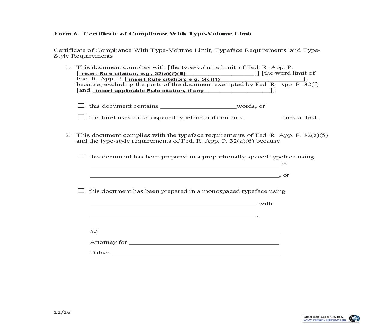 Form 6 Certificate Of Compliance With Type-Volume Limit {6} | Pdf Fpdf Doc Docx | Official Federal Forms