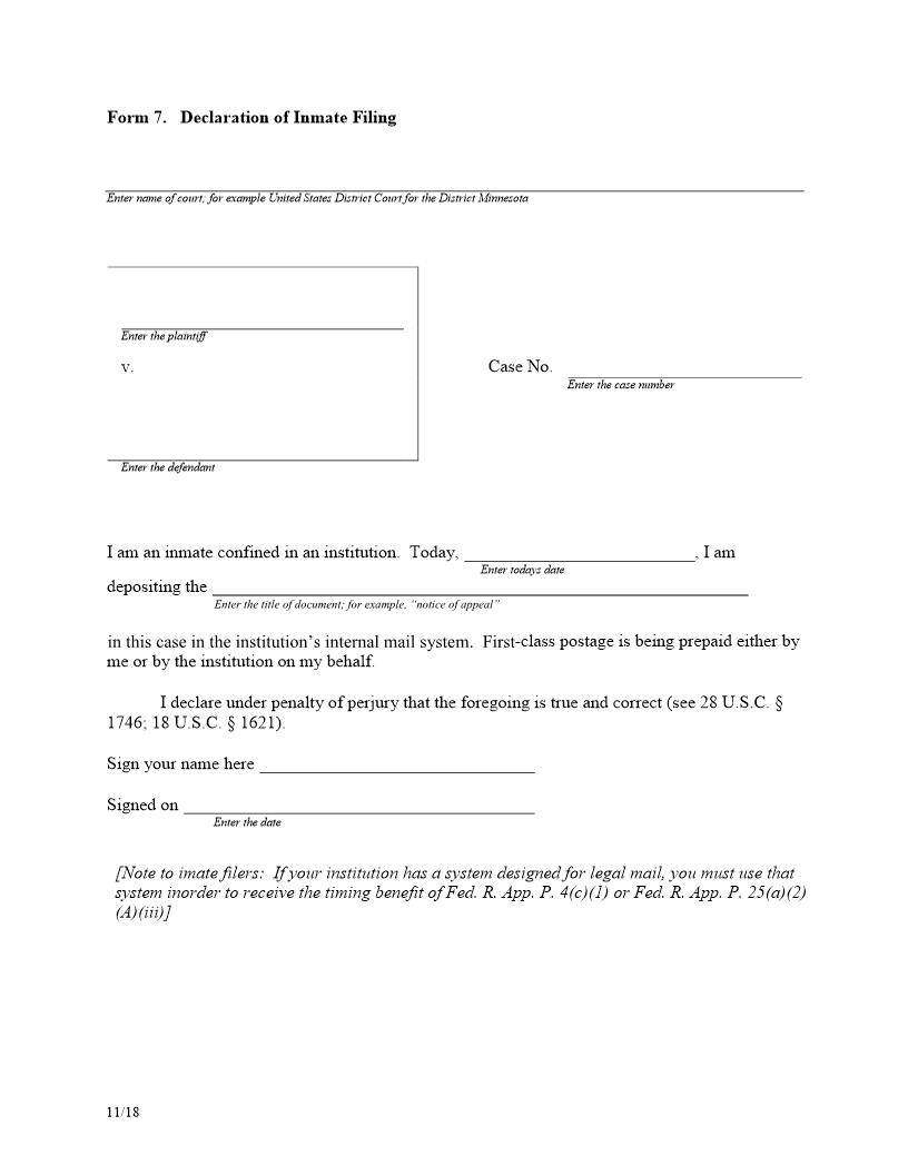 Form 7 Declaration Of Inmate Filing (6th COA) {7} | Pdf Fpdf Doc Docx | Official Federal Forms