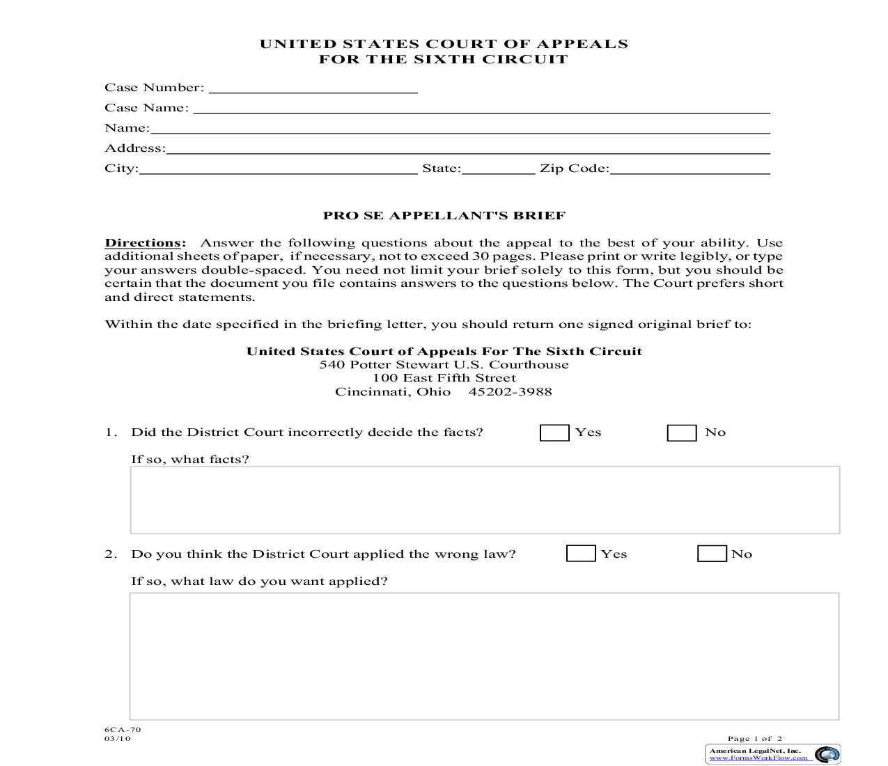 Pro Se Appellants Brief {6CA-70} | Pdf Fpdf Doc Docx | Official Federal Forms