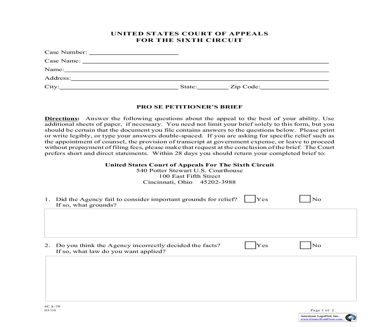 Pro Se Petitioners Brief {6CA-70} | Pdf Fpdf Doc Docx | Official Federal Forms