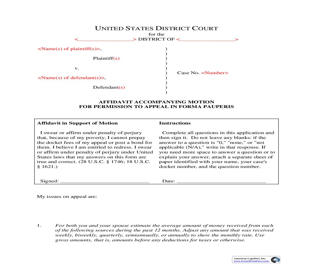 Affidavit Accompanying Motion For Permission To Appeal In Forma Pauperis | Pdf Fpdf Doc Docx | Official Federal Forms