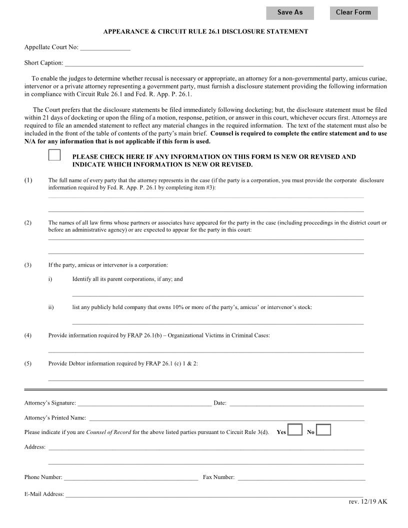 Appearance And Circuit Rule 26-1 Disclosure Statement | Pdf Fpdf Doc Docx | Official Federal Forms