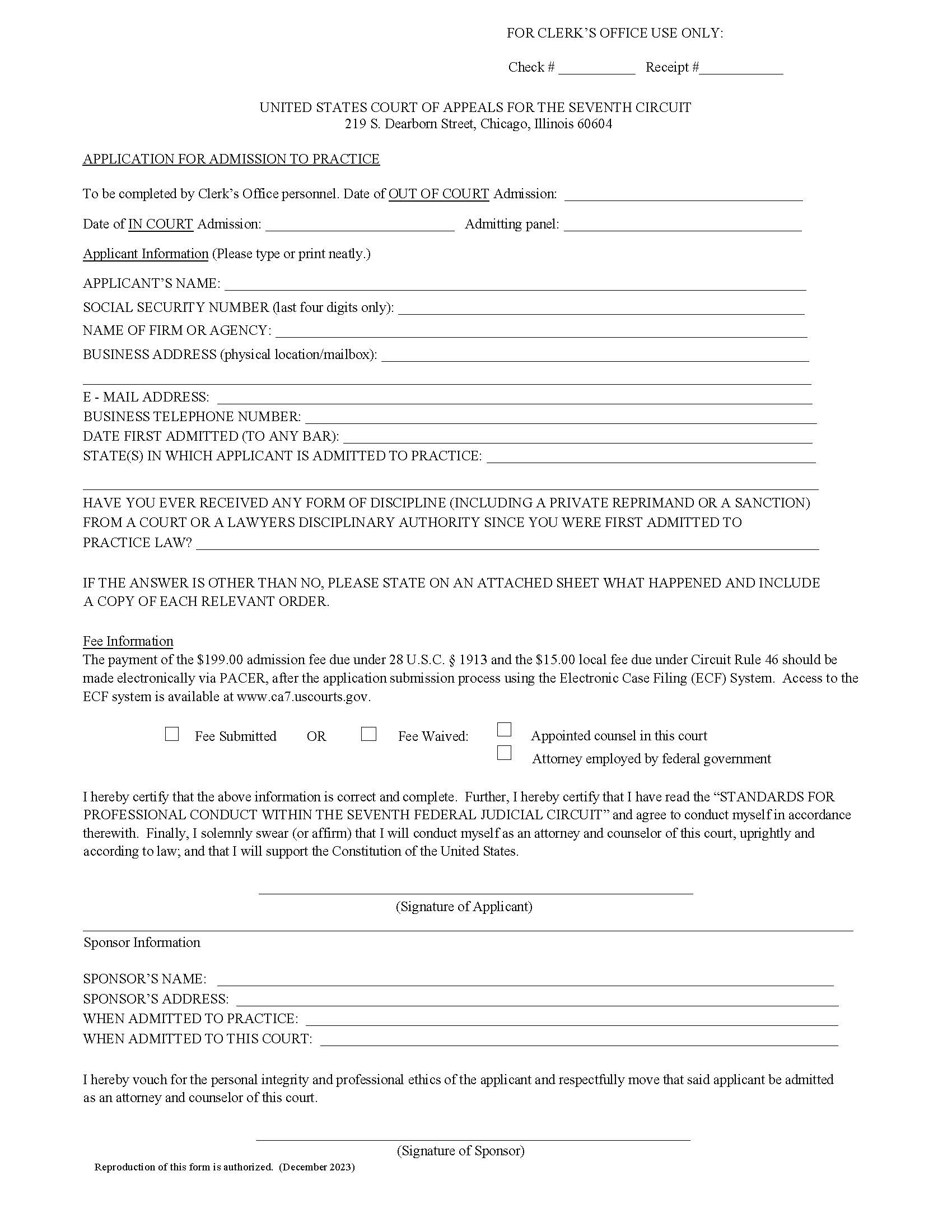 Application For Admission To Practice (Seventh Circuit COA) | Pdf Fpdf Doc Docx | Official Federal Forms