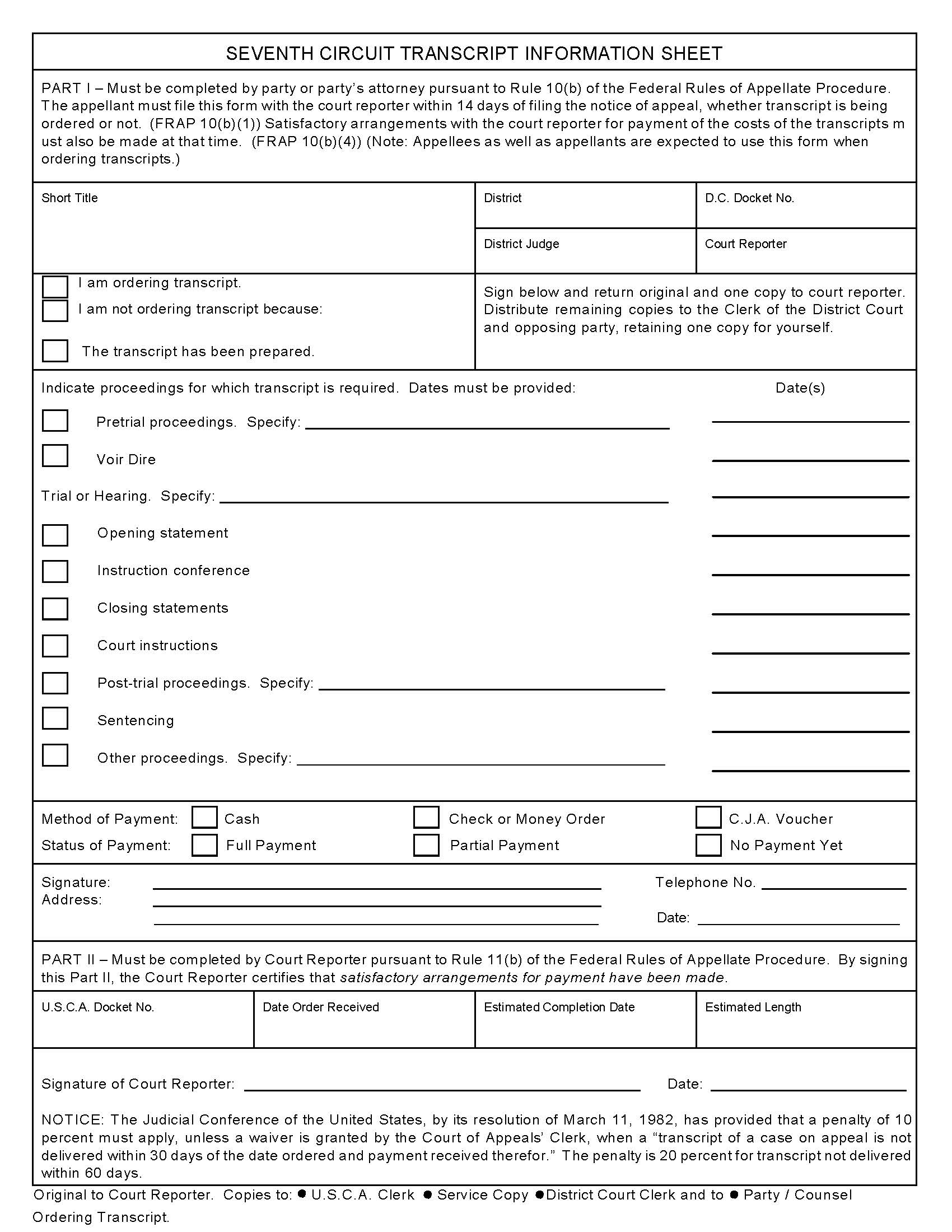 Seventh Circuit Transcript Information Sheet | Pdf Fpdf Doc Docx | Official Federal Forms