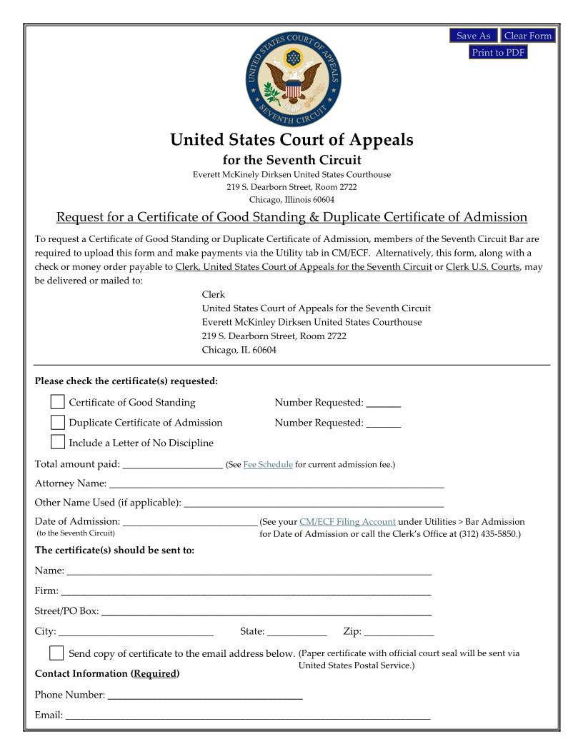 Request For A Certificate Of Good Standing And Duplicate Certificate Of Admission | Pdf Fpdf Docx | Official Federal Forms