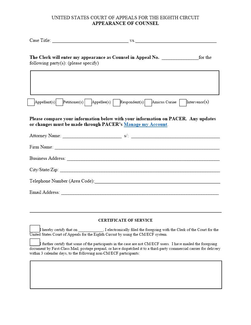 Appearance {COA8 APPEAR} | Pdf Fpdf Doc Docx | Official Federal Forms