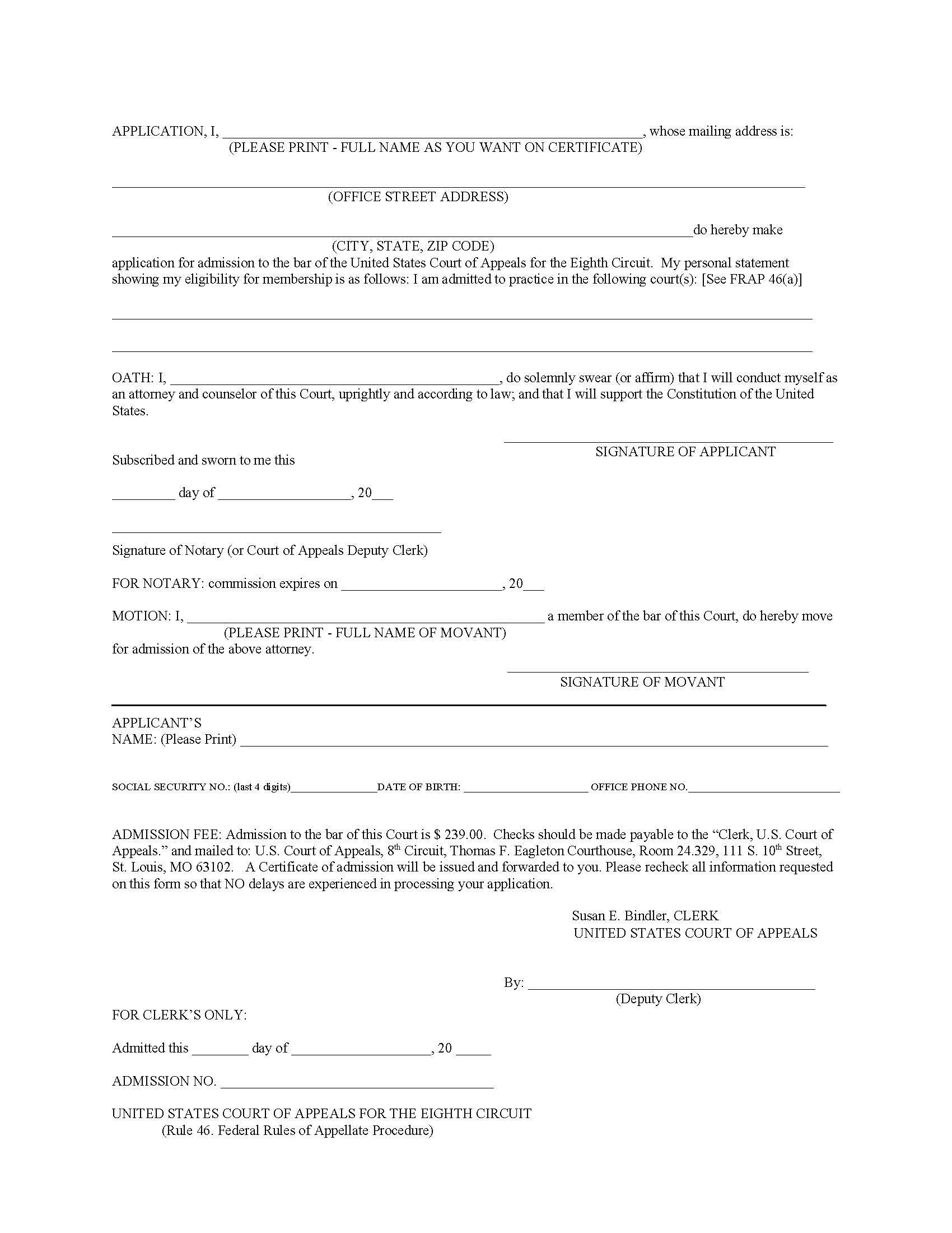 Application For Admission To The Bar (Eigth Circuit COA) {COA8 ADMIT} | Pdf Fpdf Doc Docx | Official Federal Forms