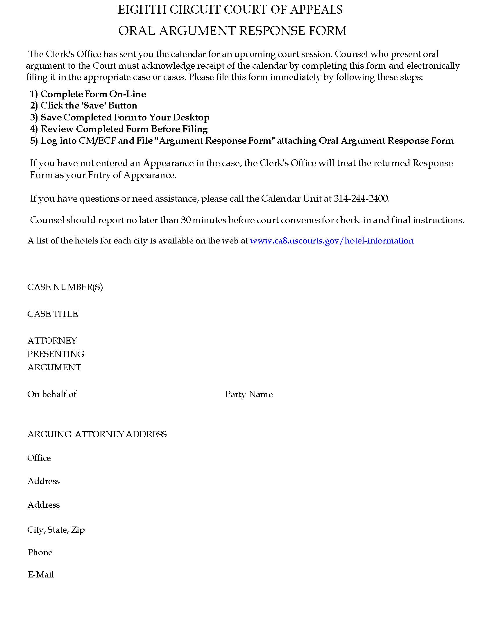 Oral Argument Response Form {COA8 ORAF} | Pdf Fpdf Doc Docx | Official Federal Forms