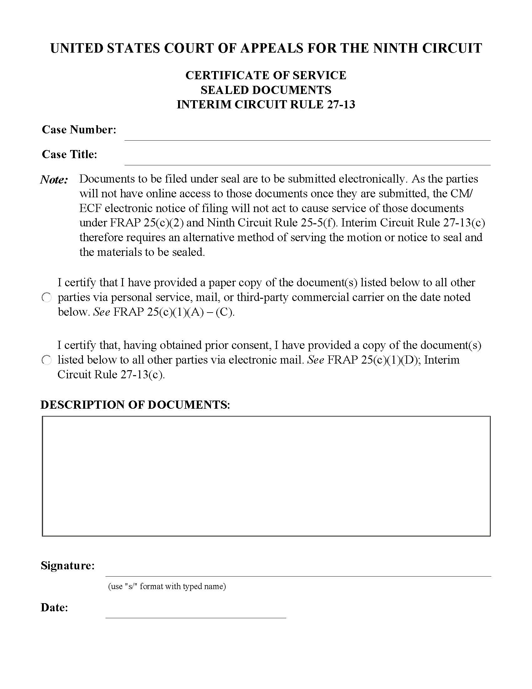 Certificate Of Service Sealed Documents Interim Circuit Rule 27-13 | Pdf Fpdf Doc Docx | Official Federal Forms