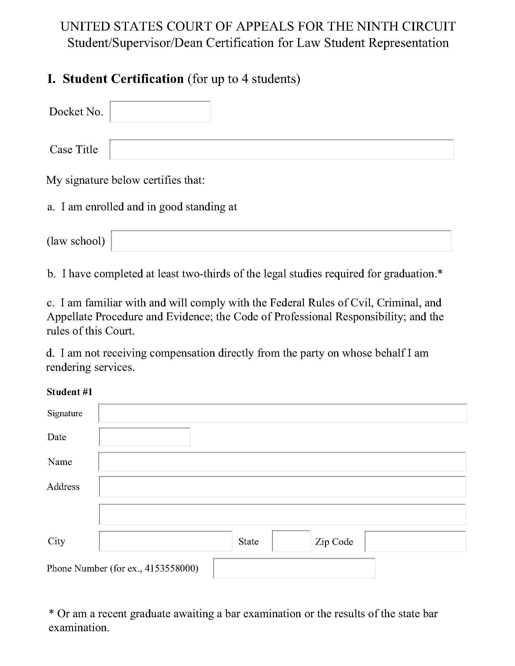 Certification For Law Student Representation | Pdf Fpdf Doc Docx | Official Federal Forms