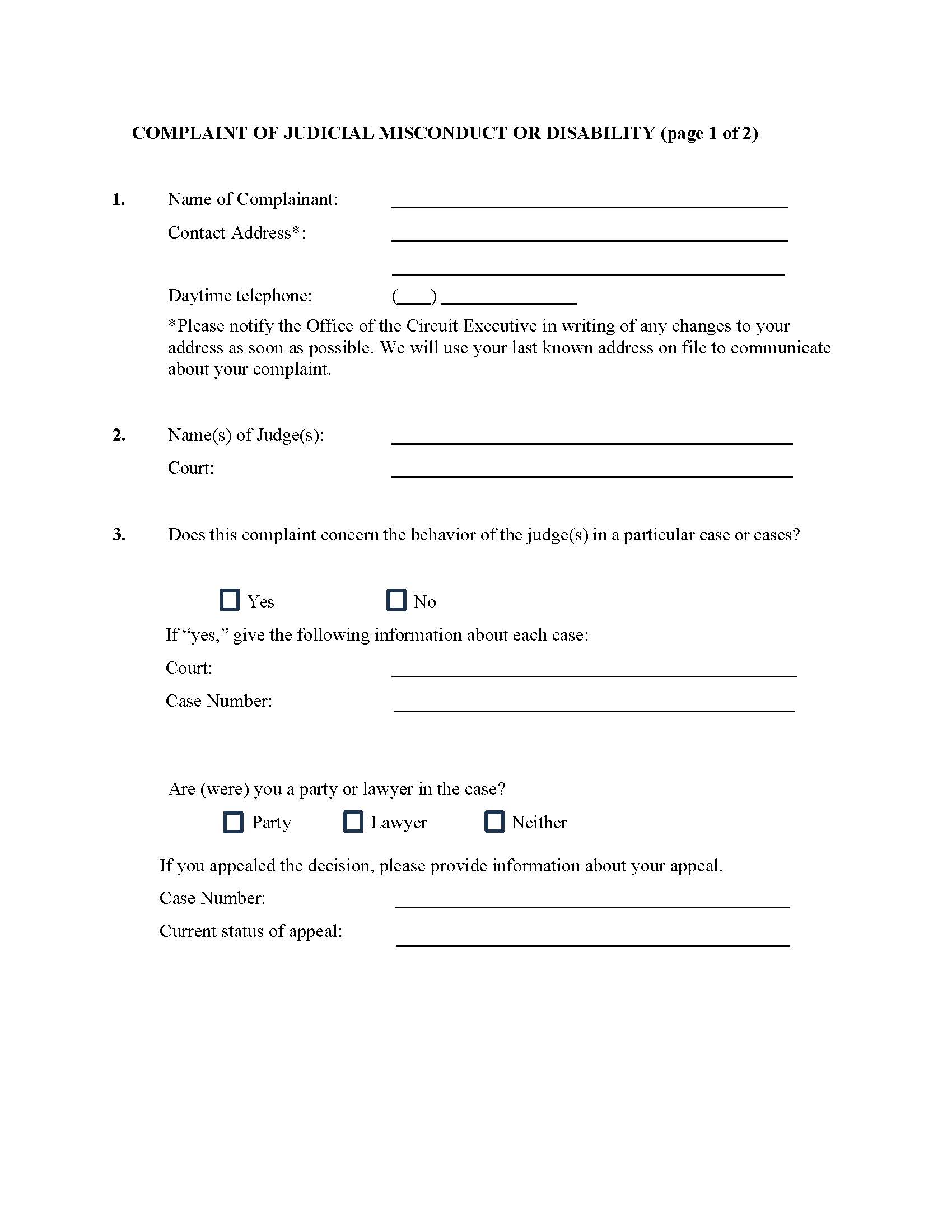 Complaint Of Judicial Misconduct And Disability | Pdf Fpdf Doc Docx | Official Federal Forms