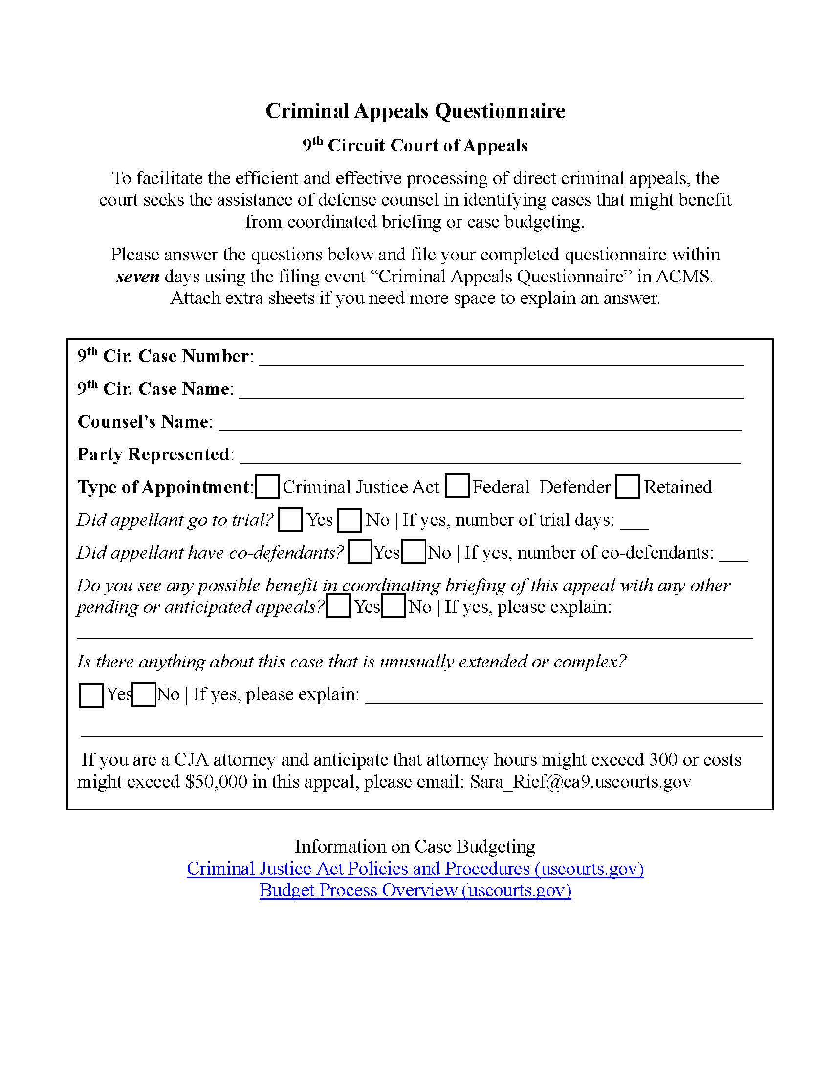 Criminal Appeals Questionnaire | Pdf Fpdf Docx | Official Federal Forms