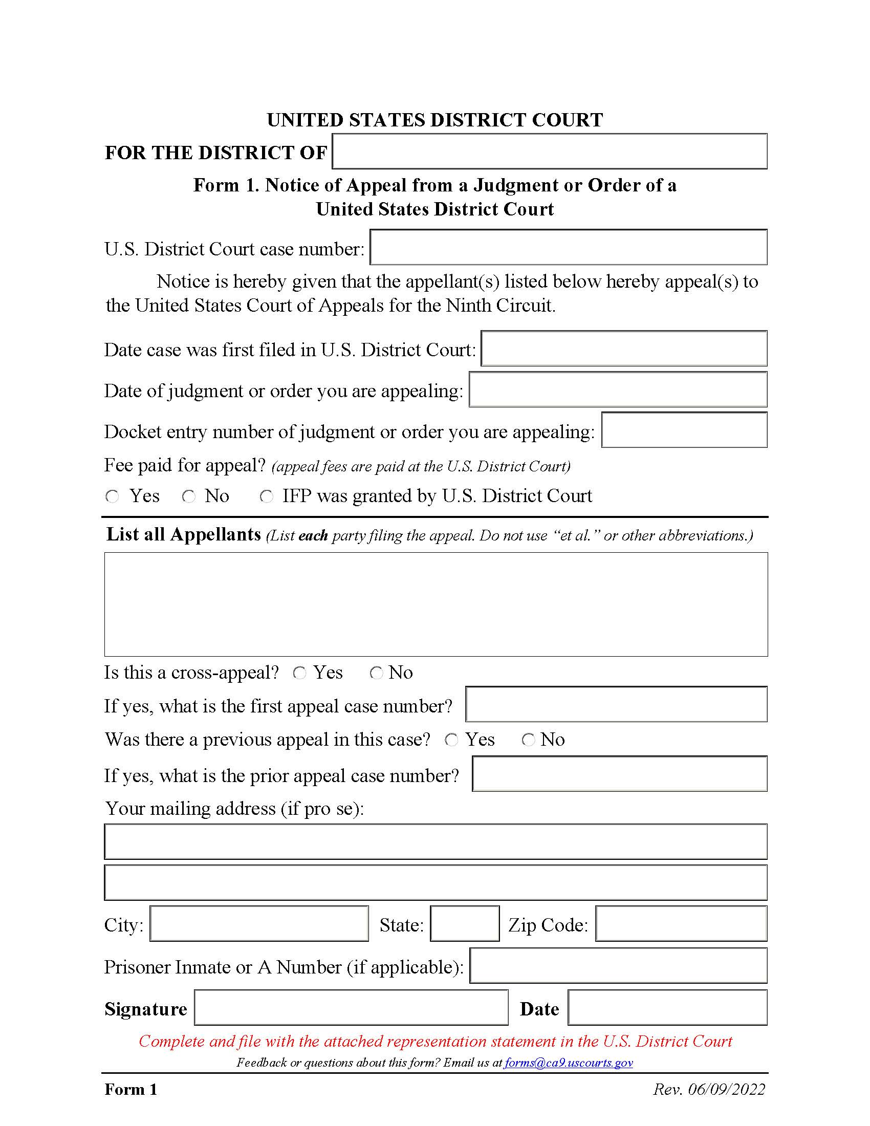Form 1 Notice Of Appeal From A Judgment Or Order Of A US District Court {1} | Pdf Fpdf Docx | Official Federal Forms