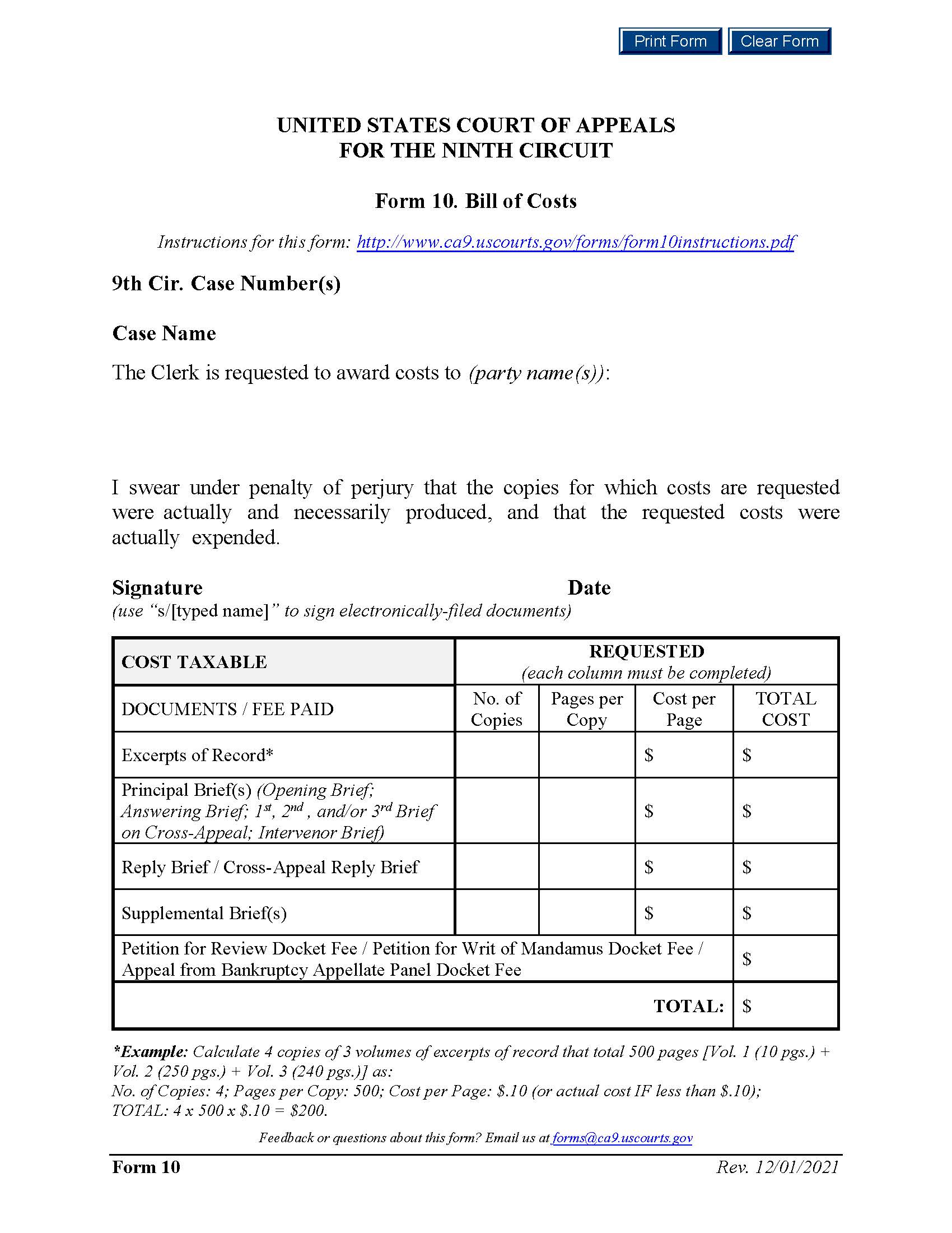 Form 10 Bill Of Costs {10} | Pdf Fpdf Docx | Official Federal Forms