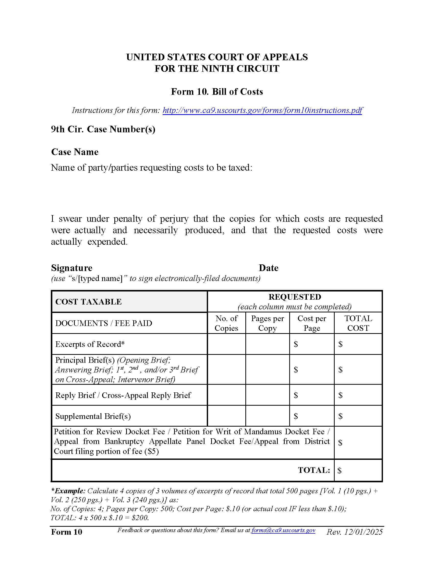 Form 10 Bill Of Costs {10} | Pdf Fpdf Docx | Official Federal Forms