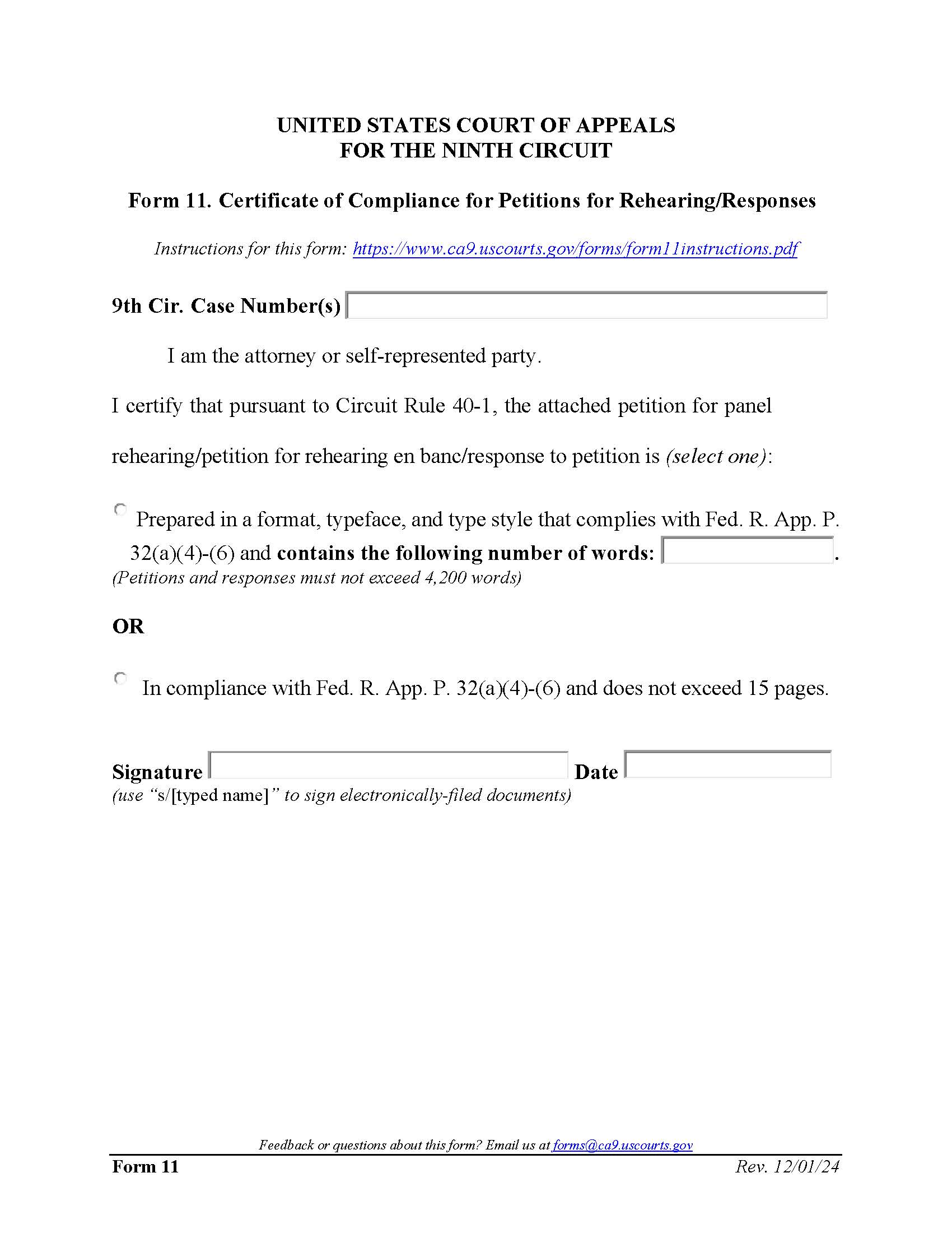 Form 11 Certificate Of Compliance For Petitions For Rehearings-Responses {11} | Pdf Fpdf Docx | Official Federal Forms