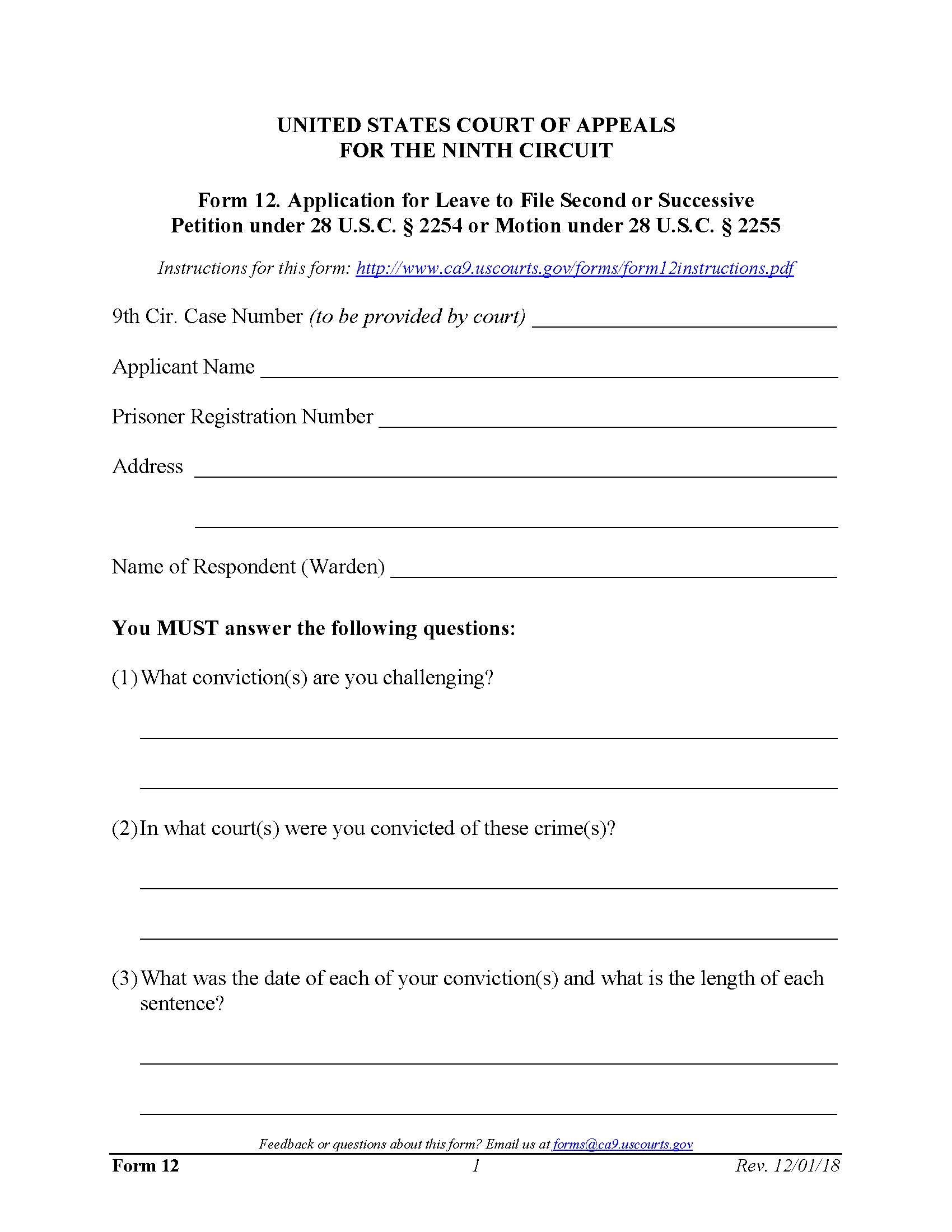 Form 12 Application For Leave To File Second Or Successive Petition {12} | Pdf Fpdf Docx | Official Federal Forms