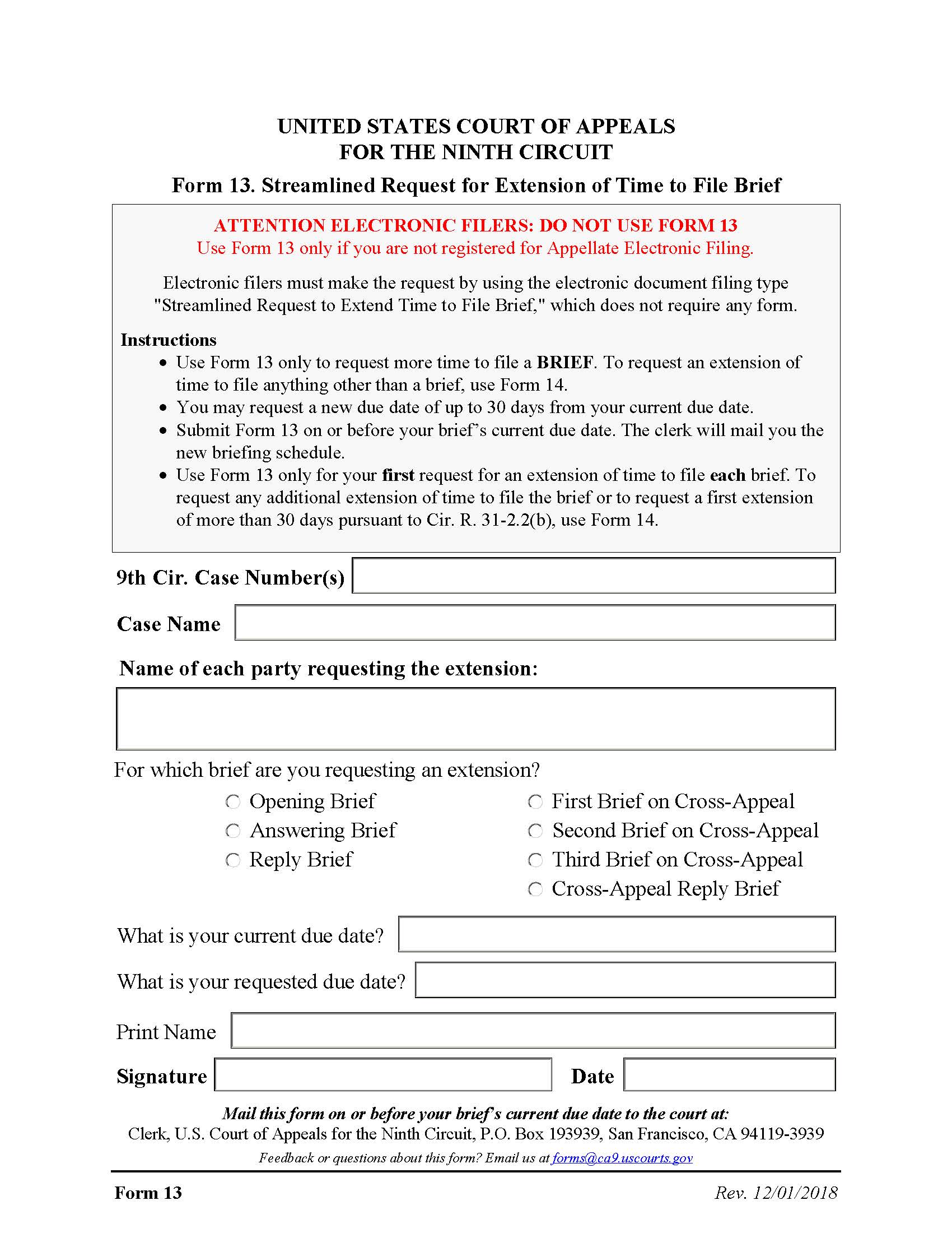 Form 13 Streamlined Request For Extension Of Time To File Brief {13} | Pdf Fpdf Docx | Official Federal Forms